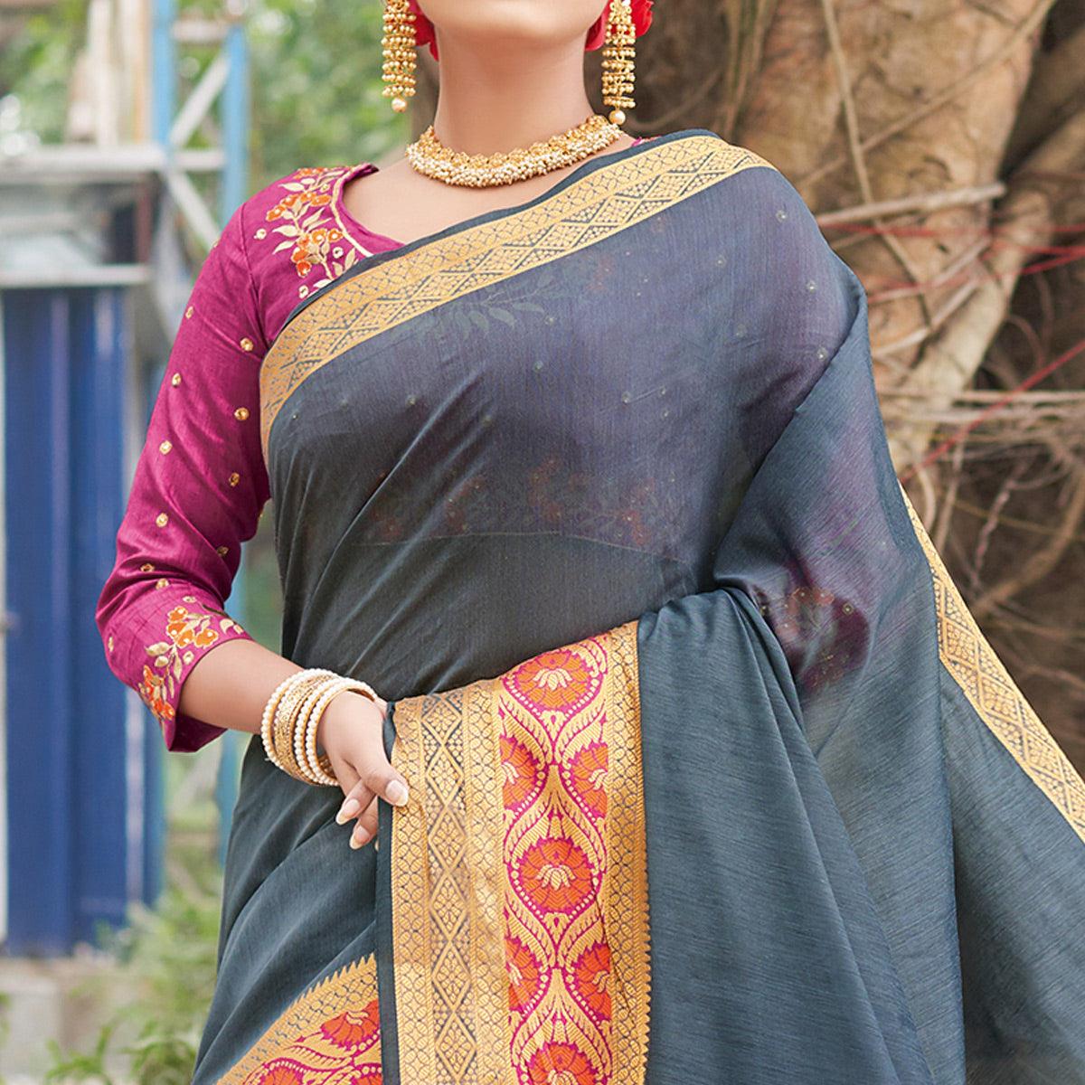 Gleaming Grey Colored Festive Wear Woven Handloom Silk Saree - Peachmode