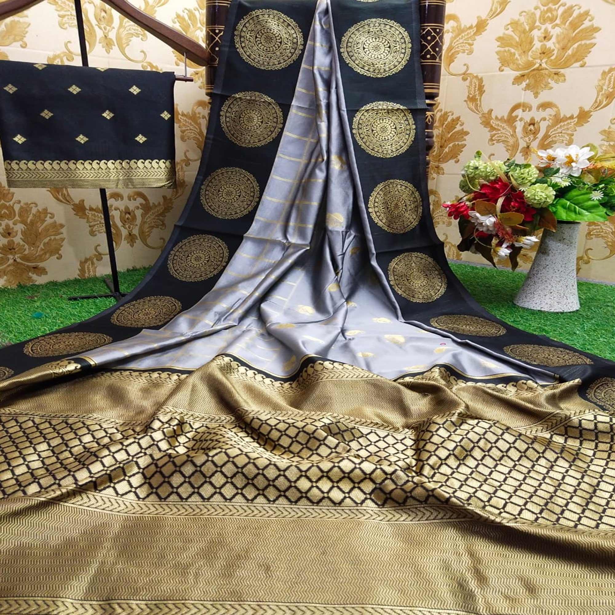 Gleaming Grey Colored Festive Wear Woven Soft Lichi Silk Saree - Peachmode