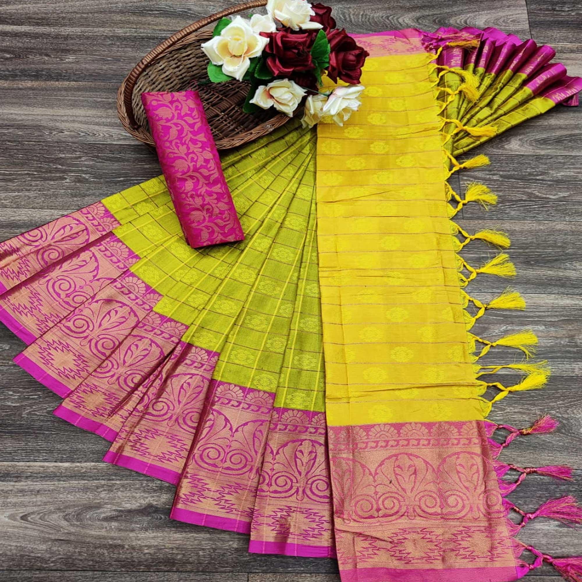 Gleaming Lemon green  Colored Festive Wear Woven Cotton Silk Saree - Peachmode