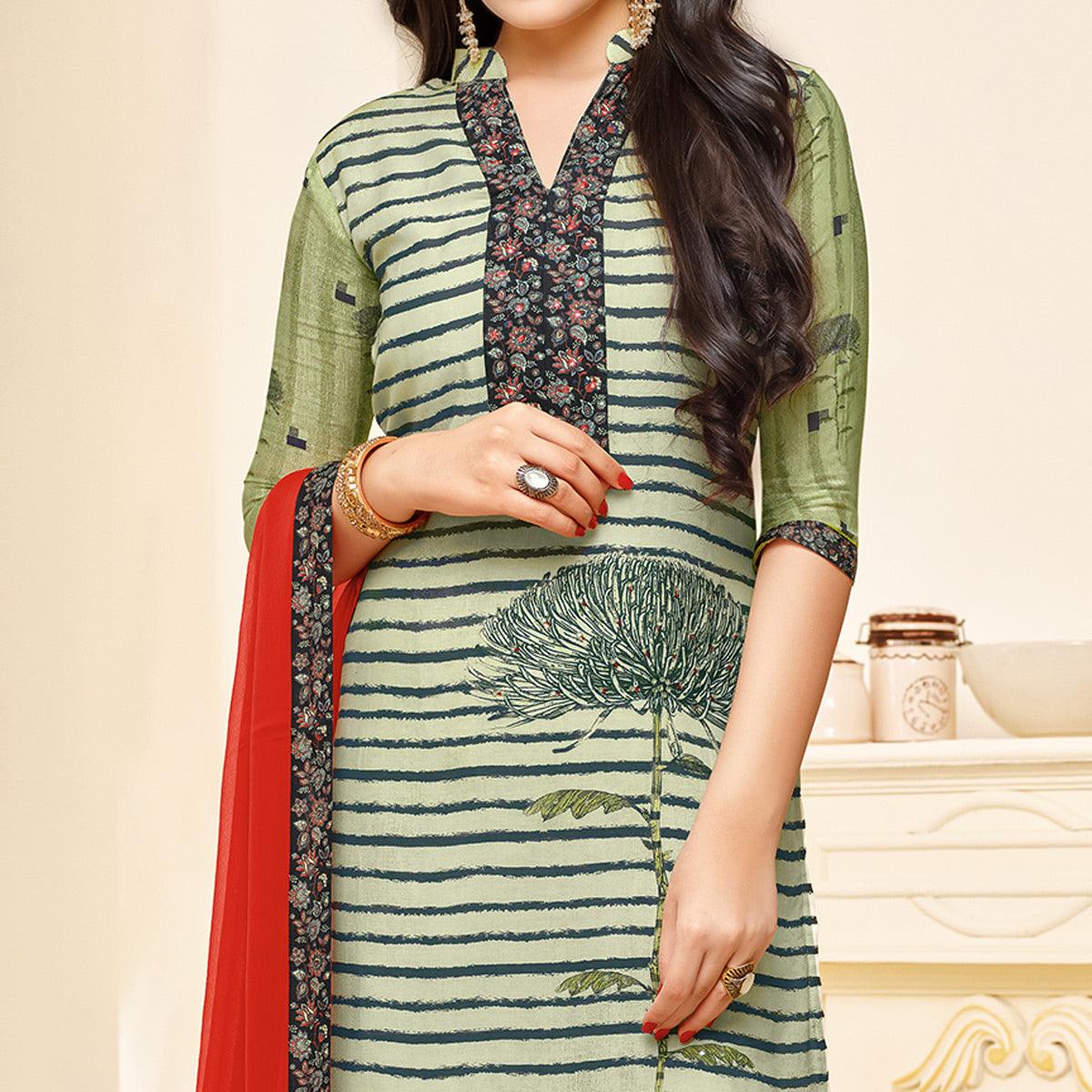 Gleaming Light Pastel Green Colored Partywear Digital Printed Muslin Suit - Peachmode