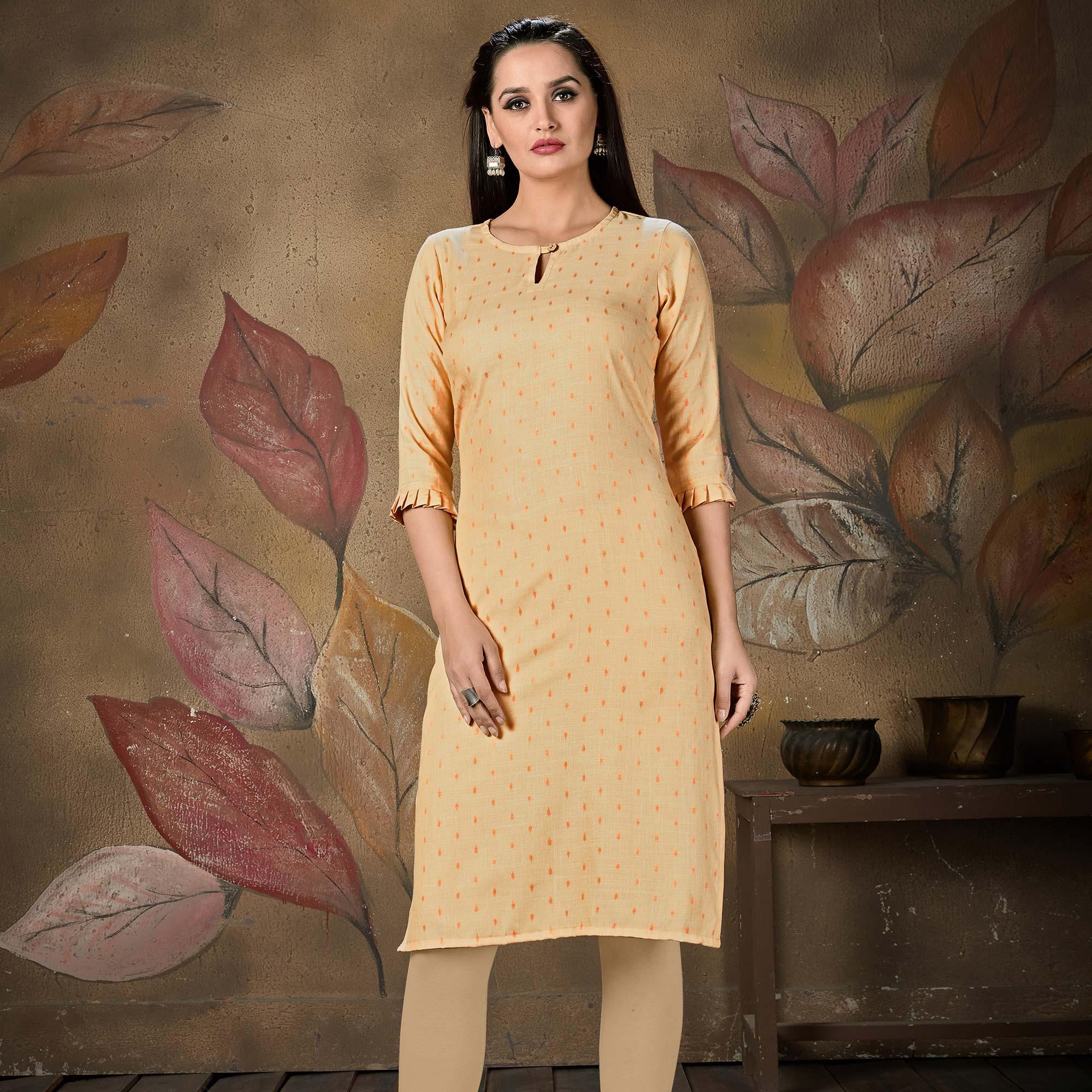 Gleaming Light Peach Colored Casual Embroidered Cotton Kurti - Peachmode