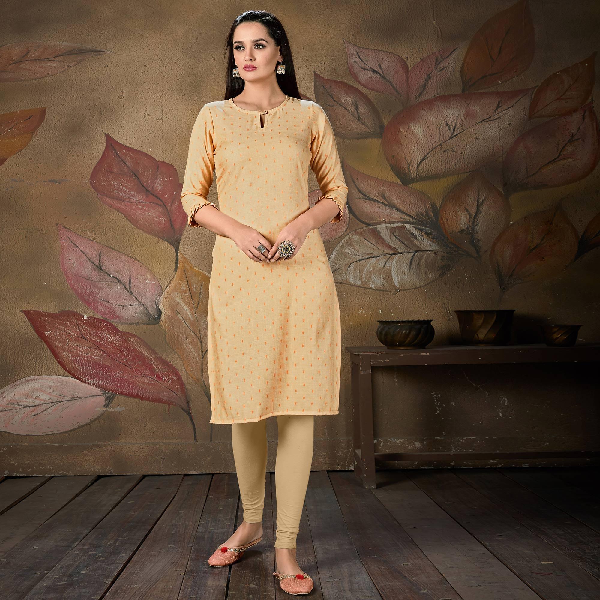 Gleaming Light Peach Colored Casual Embroidered Cotton Kurti - Peachmode
