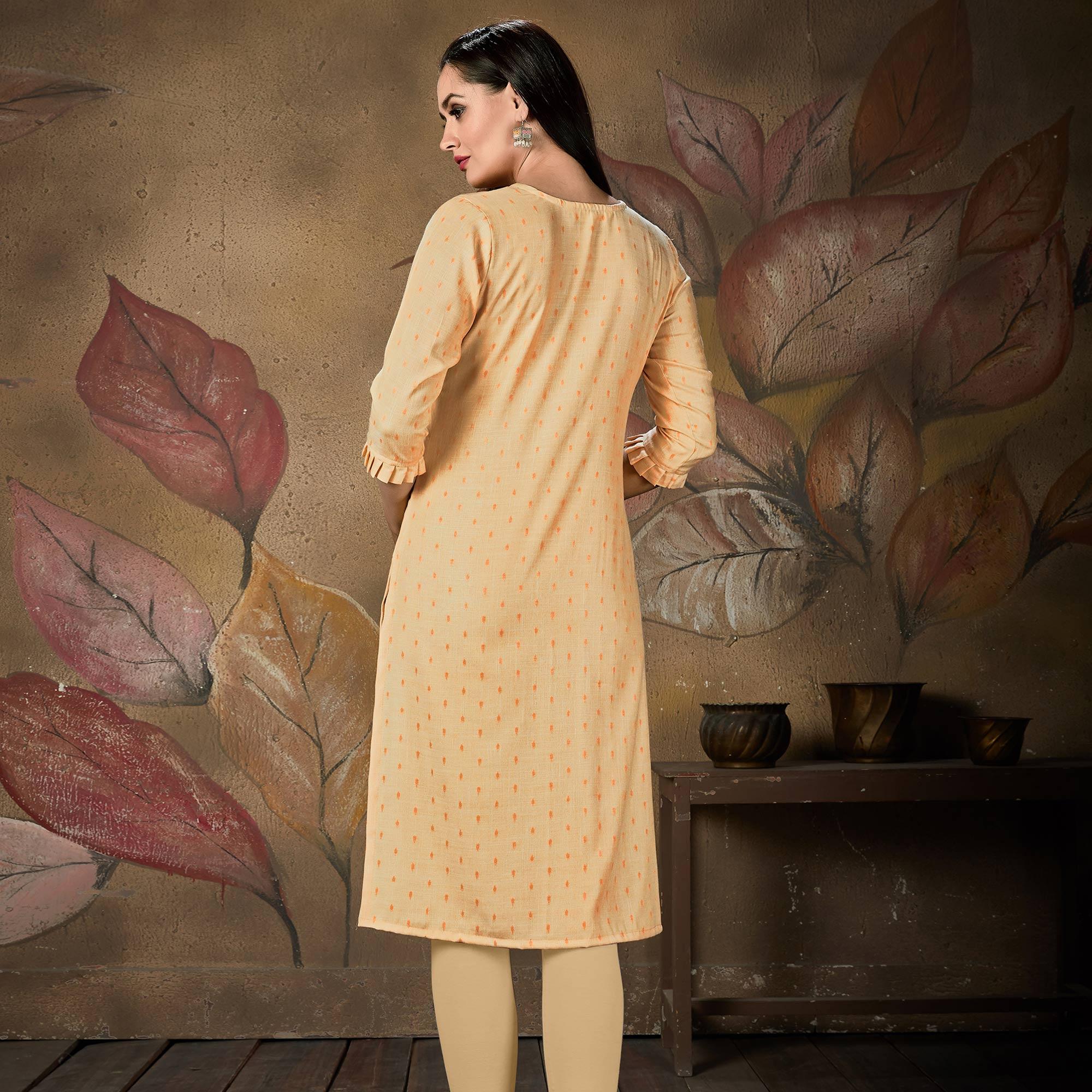 Gleaming Light Peach Colored Casual Embroidered Cotton Kurti - Peachmode
