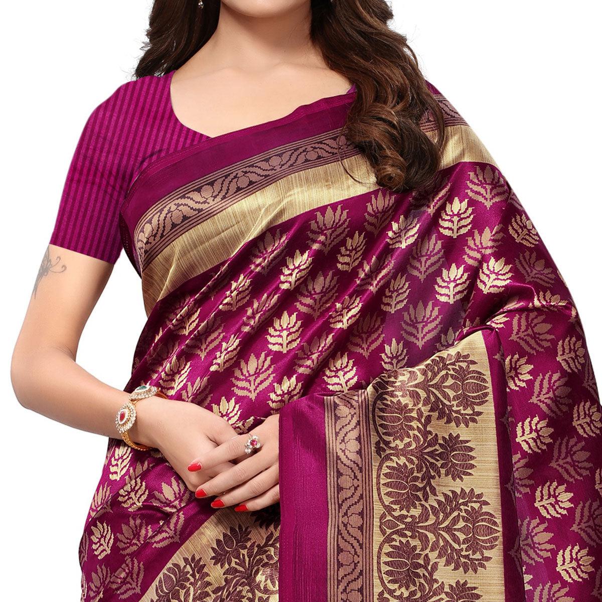 Gleaming Magenta Pink Colored Casual Printed Mysore Art Silk Saree - Peachmode