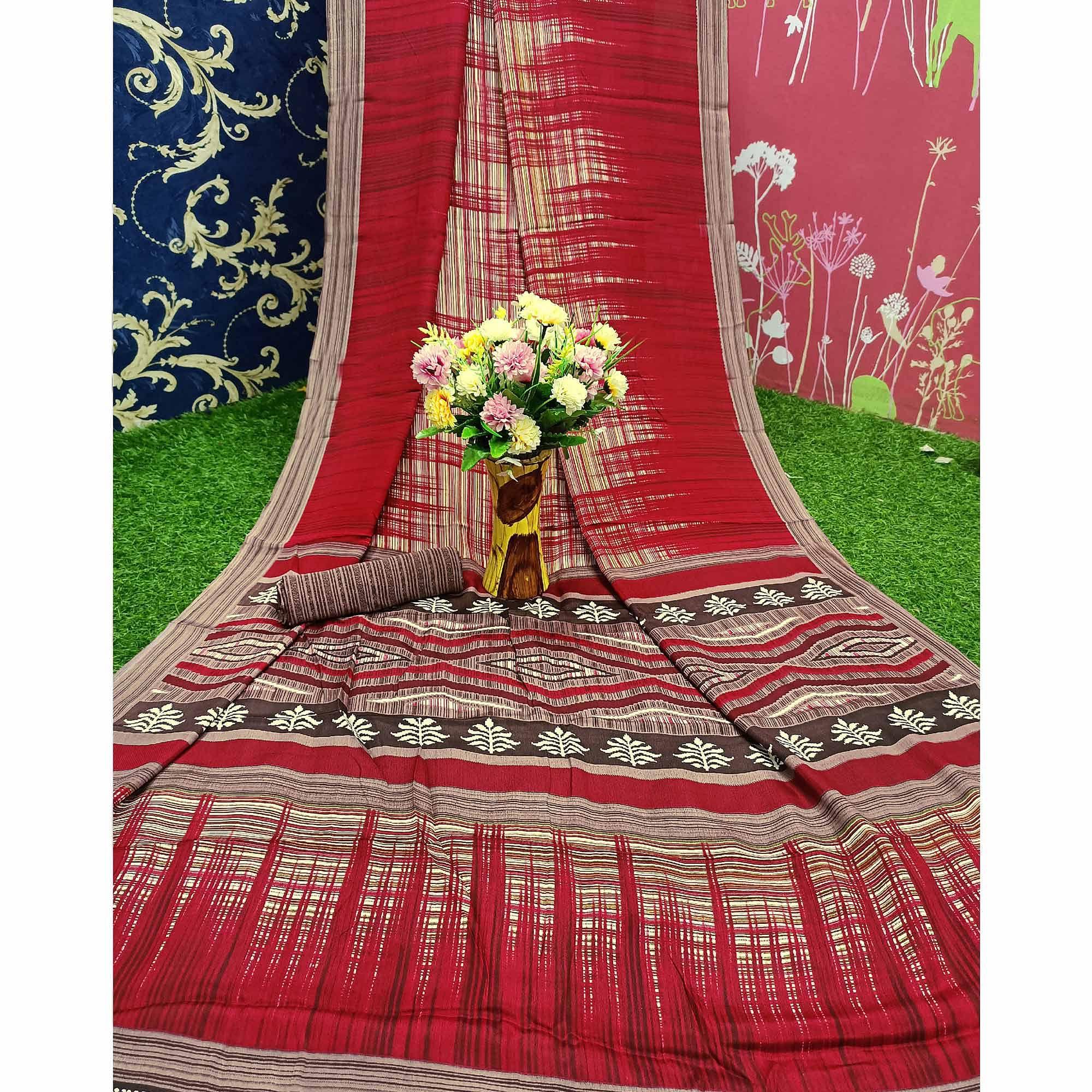 Gleaming Maroon Colored Casual Wear Printed Crepe Saree - Peachmode