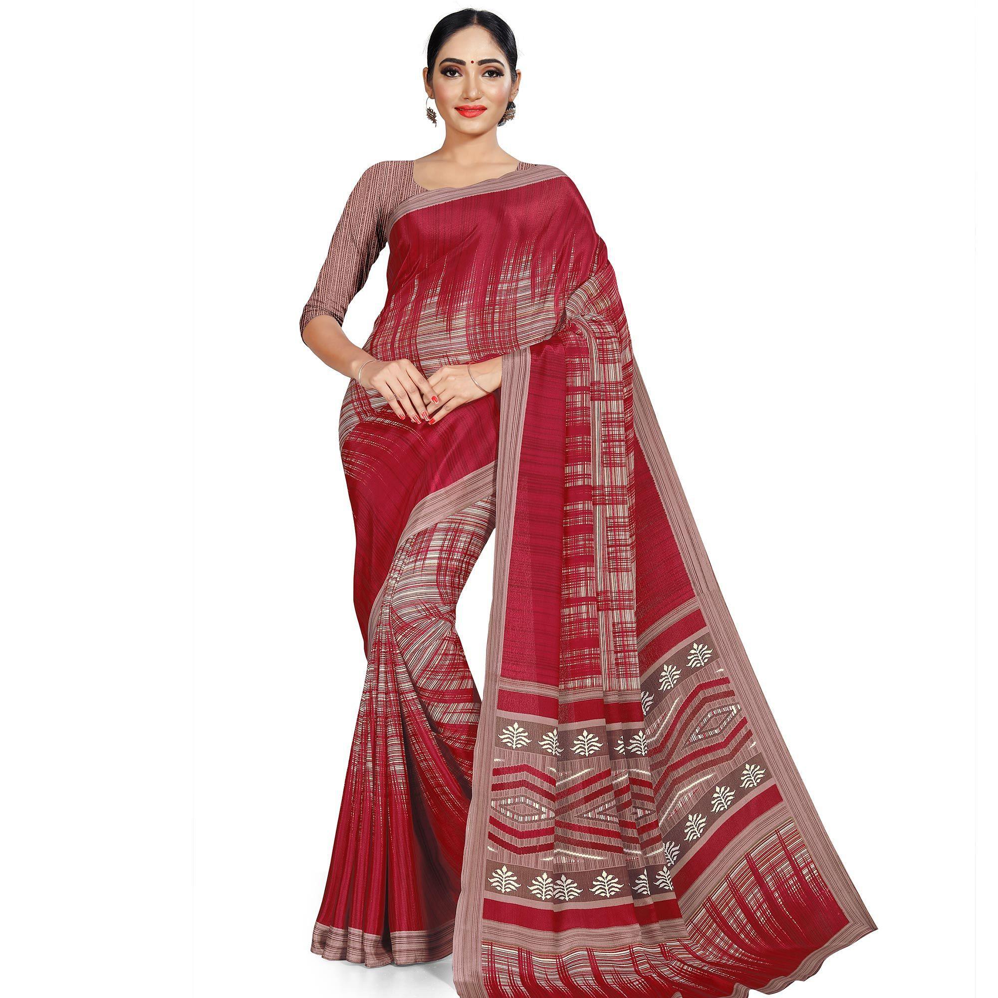 Gleaming Maroon Colored Casual Wear Printed Crepe Saree - Peachmode
