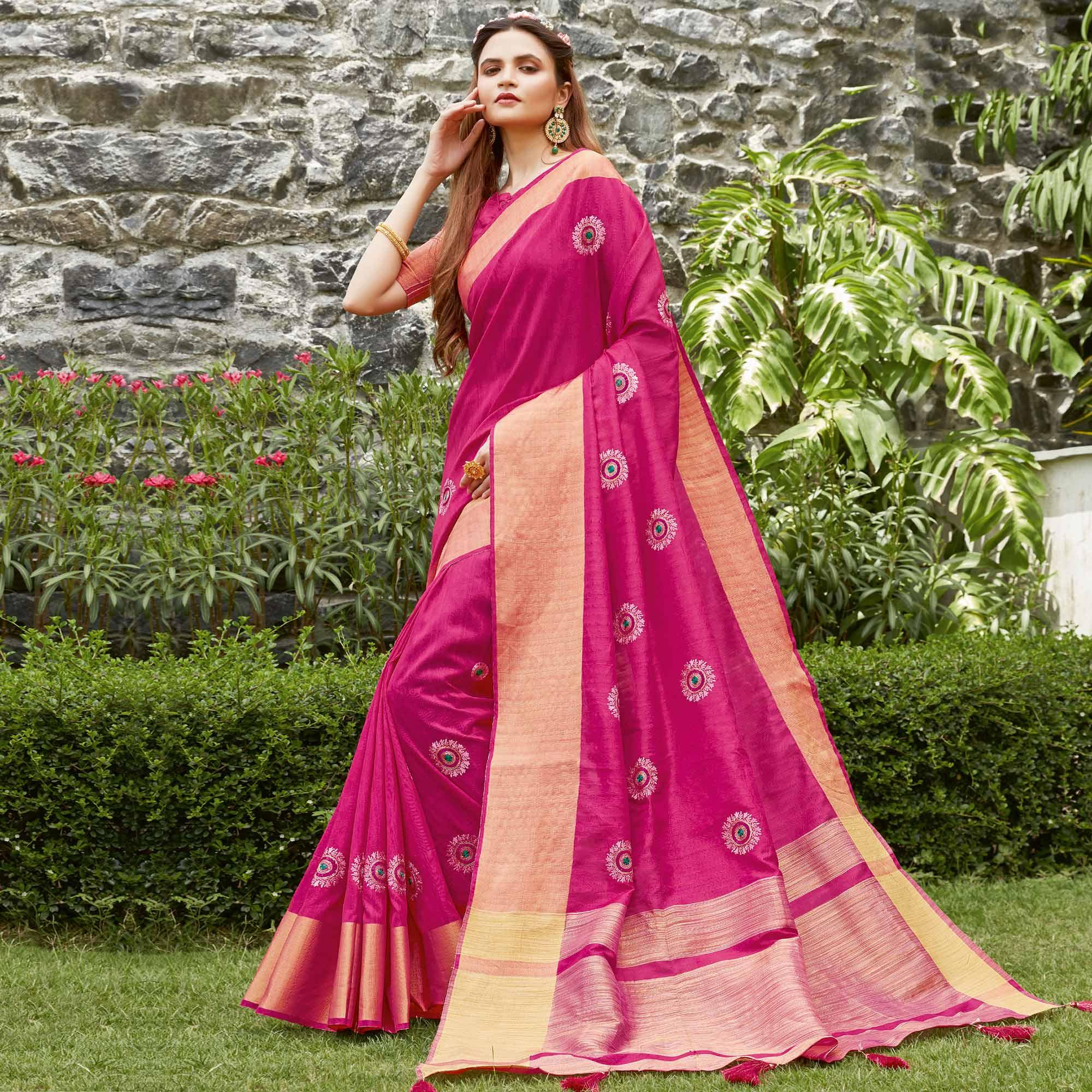 Gleaming Maroon Colored Festive Wear Woven Silk Saree - Peachmode