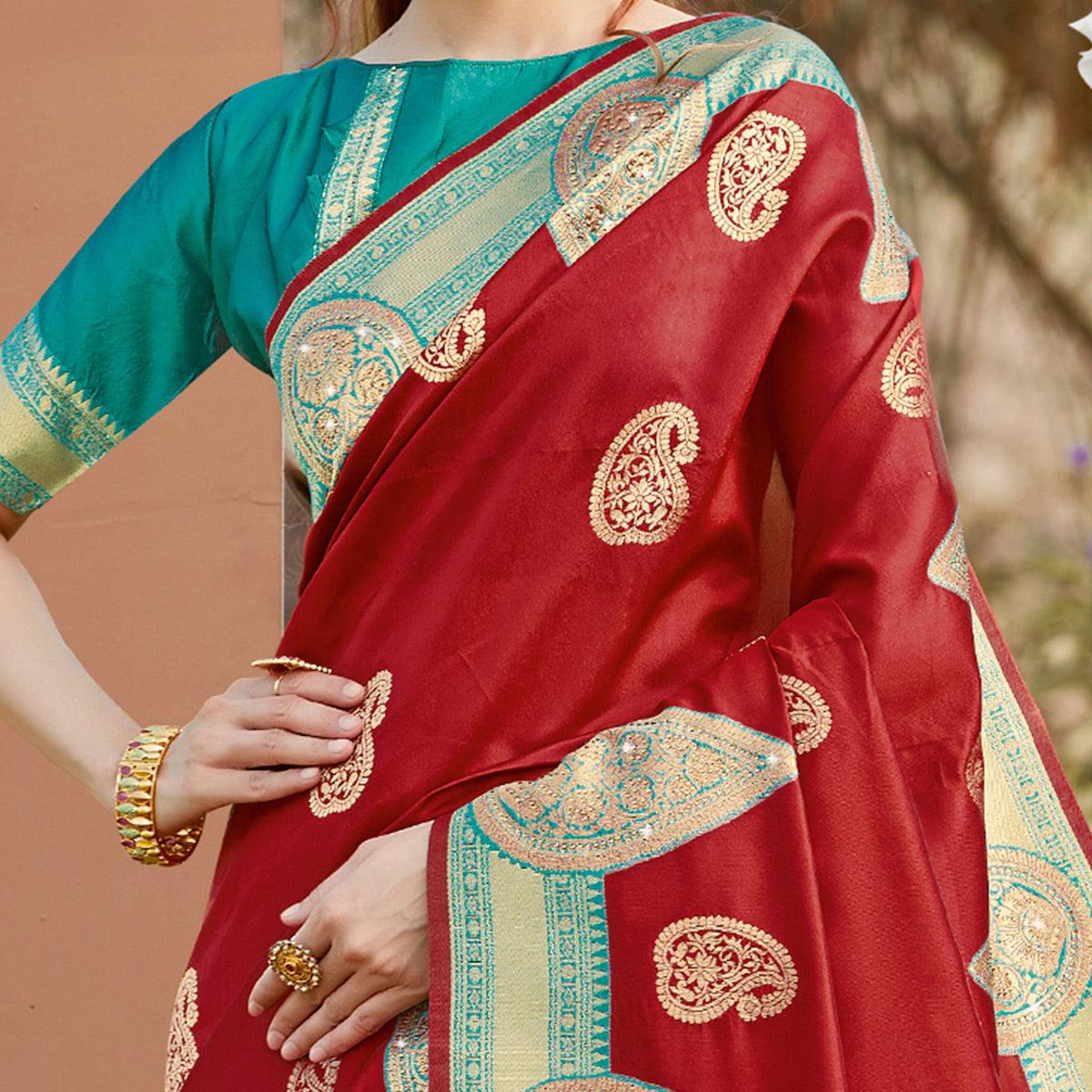 Gleaming Maroon Colored Festive Wear Woven Silk Saree - Peachmode