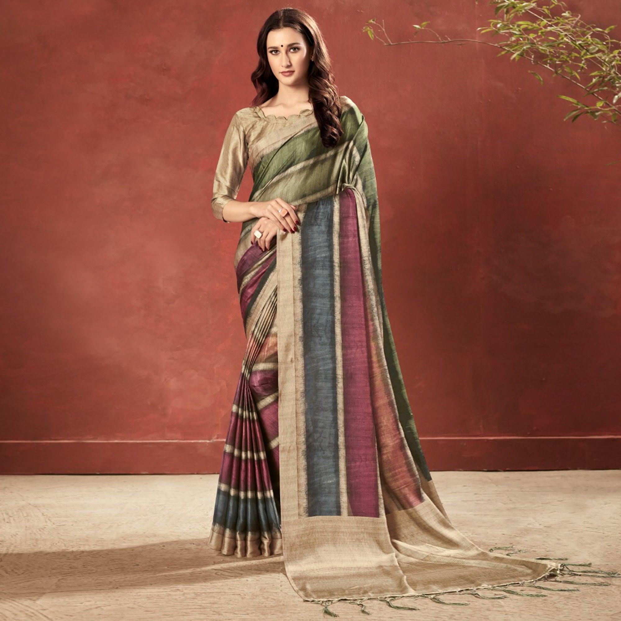 Gleaming Multi Colored Casual Wear Printed Satin Crepe Saree With Tassels - Peachmode