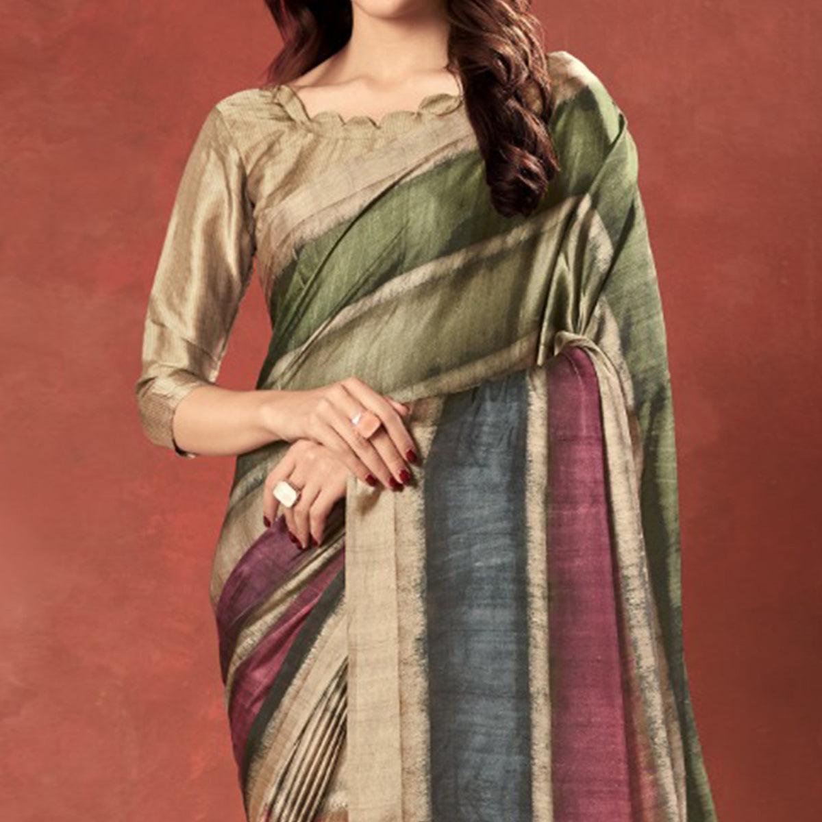 Gleaming Multi Colored Casual Wear Printed Satin Crepe Saree With Tassels - Peachmode