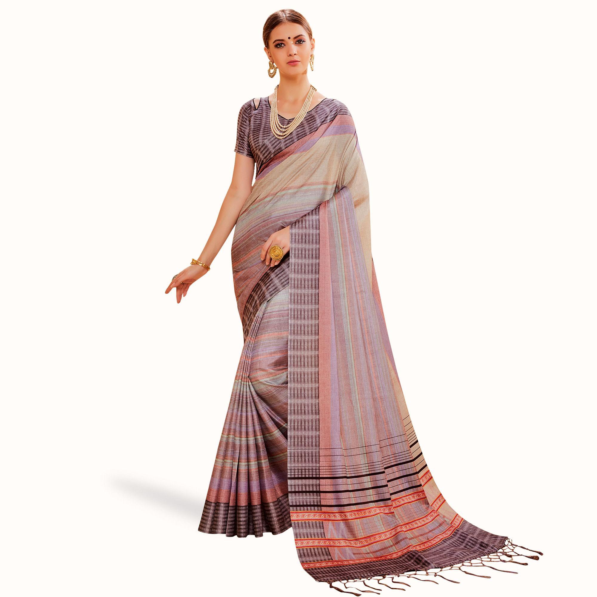 Gleaming Multi Colored Festive Wear Printed Manipuri Silk Saree - Peachmode