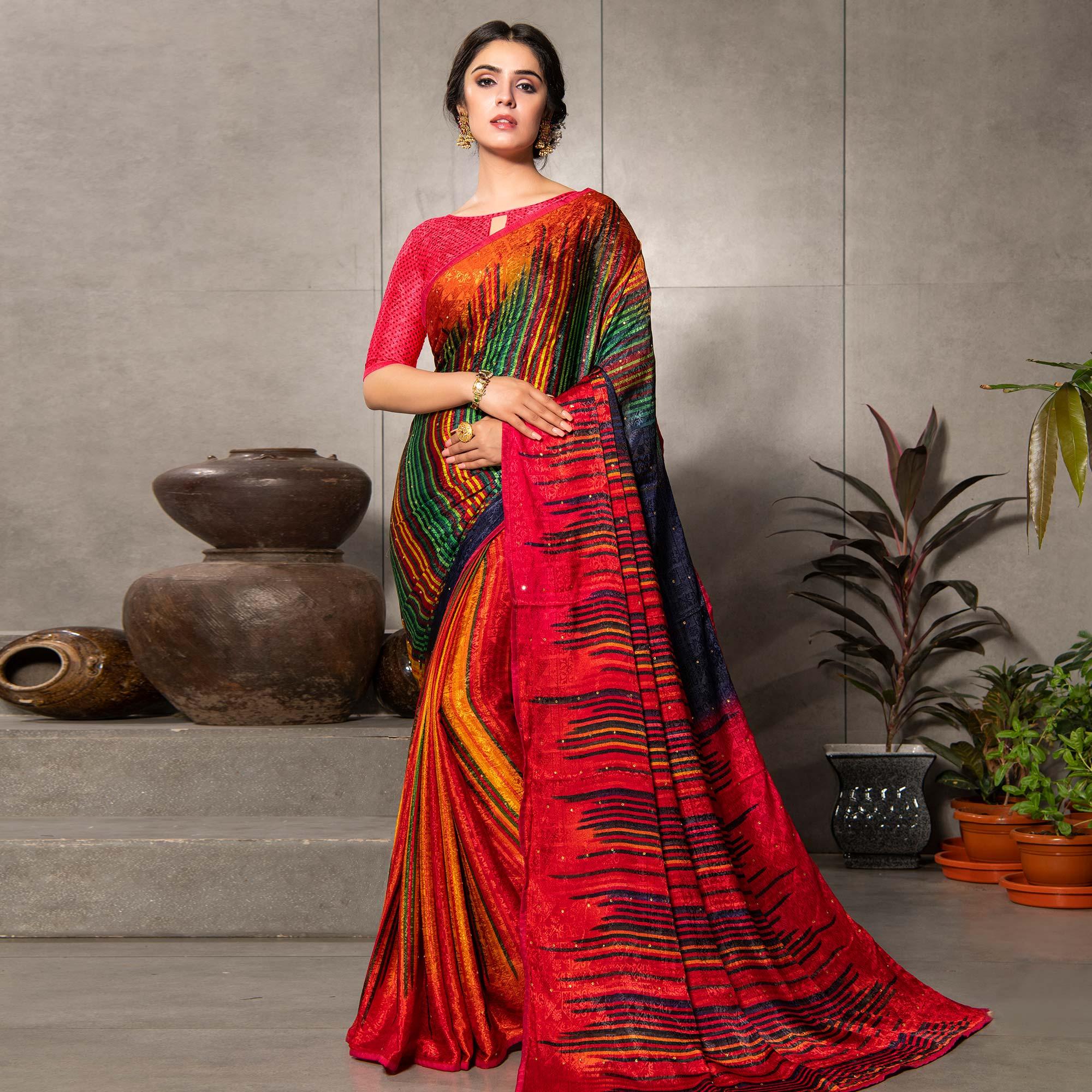 Gleaming Multi Colored Partywear Printed Silk Crape Saree - Peachmode