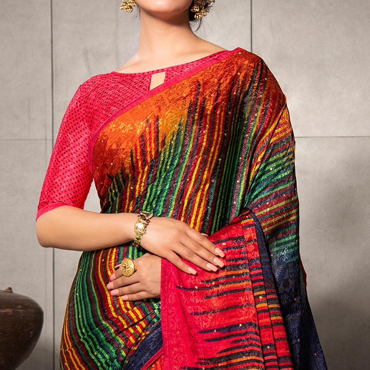 Gleaming Multi Colored Partywear Printed Silk Crape Saree - Peachmode