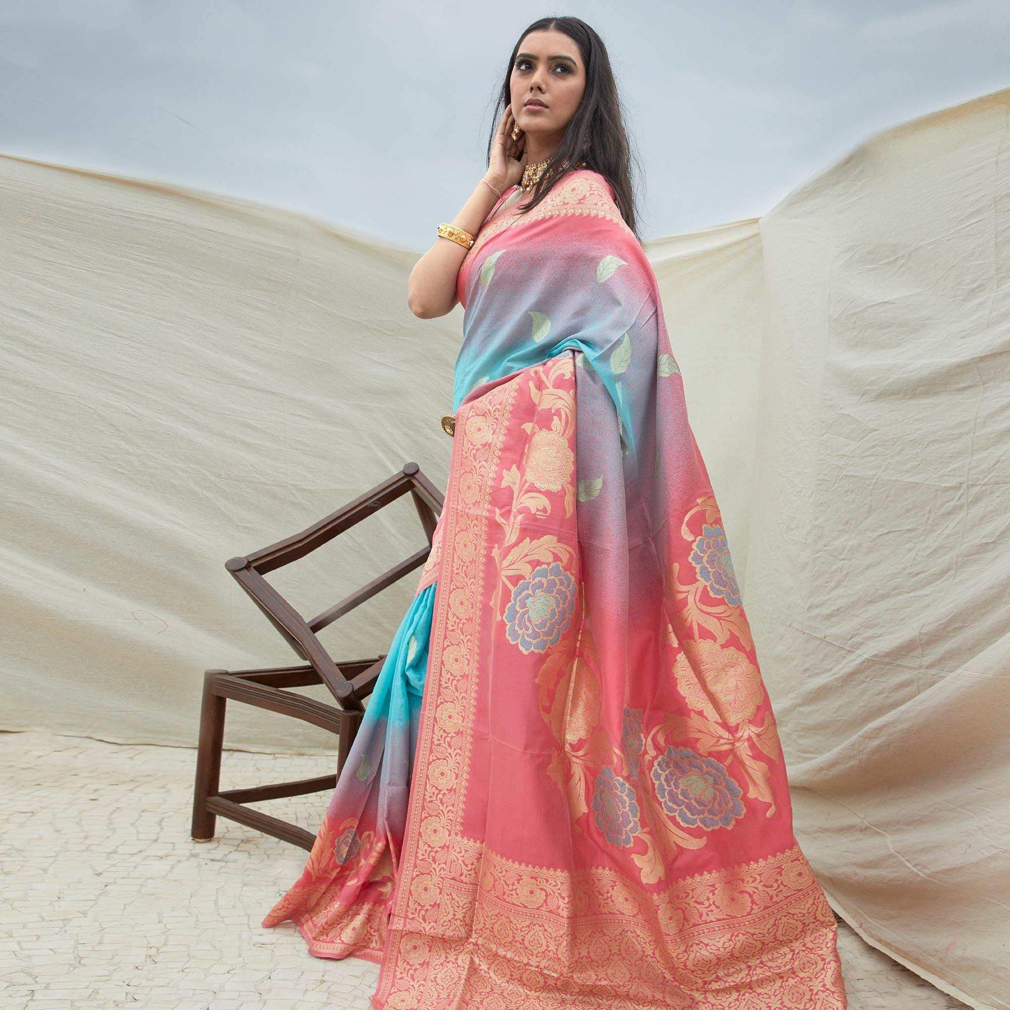 Gleaming Multi Coloured Festive Wear Woven Handloom Silk Saree - Peachmode