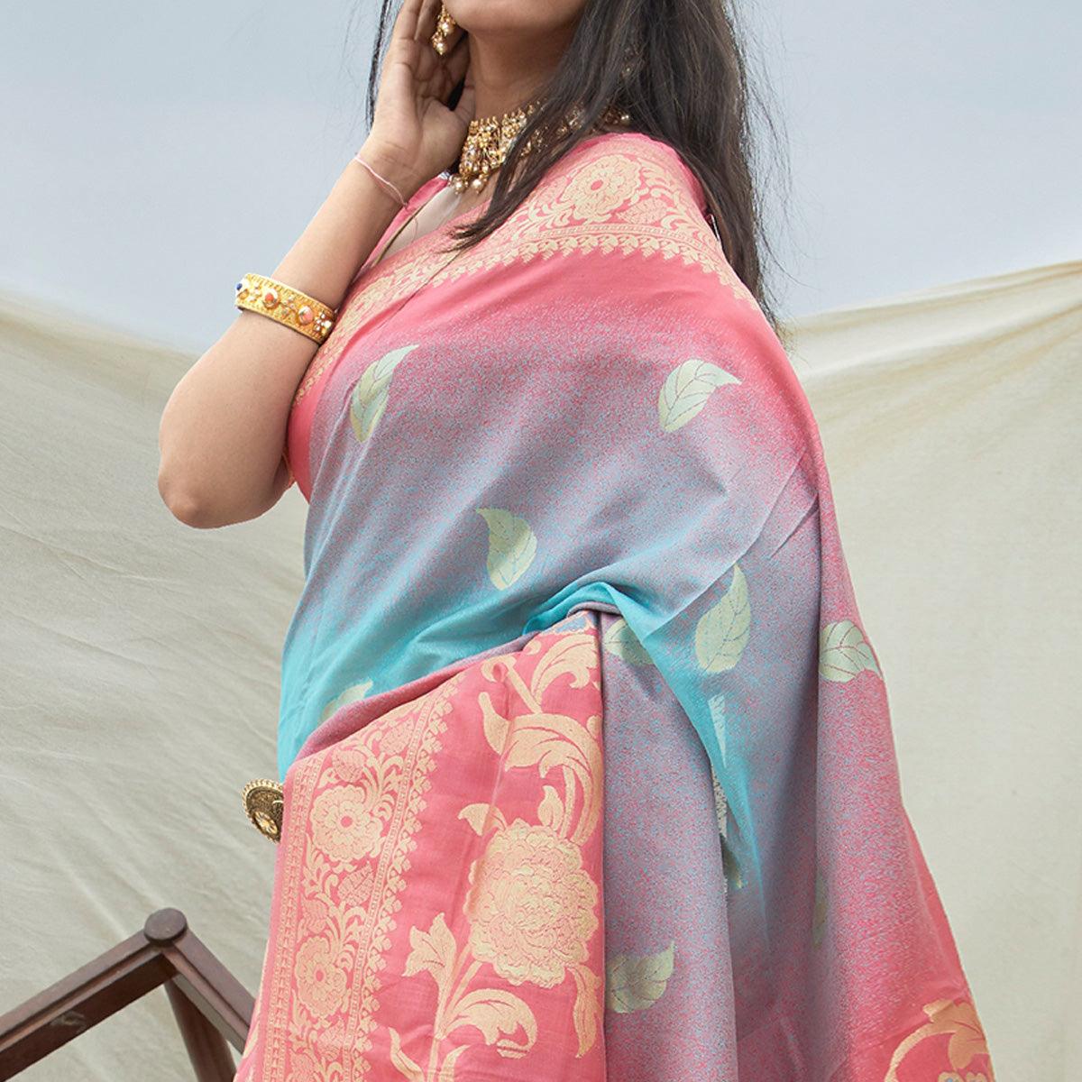 Gleaming Multi Coloured Festive Wear Woven Handloom Silk Saree - Peachmode