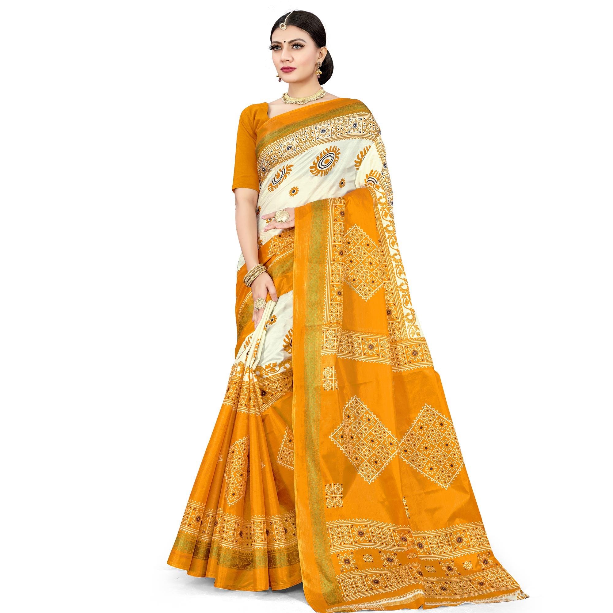 Gleaming Mustard Colored Casual Wear Printed Cotton Silk Saree - Peachmode