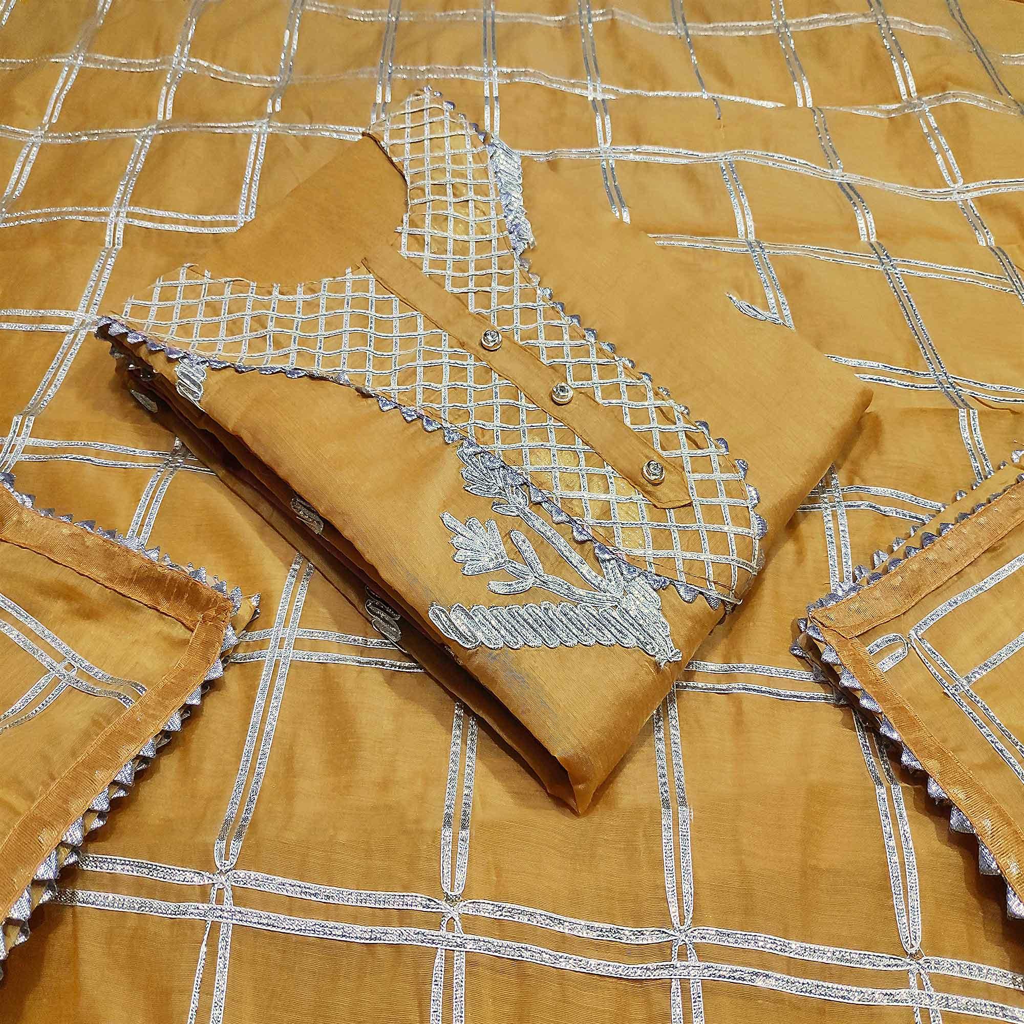 Gleaming Mustard Yellow Colored Casual Wear Embroidered Silk Dress Material - Peachmode