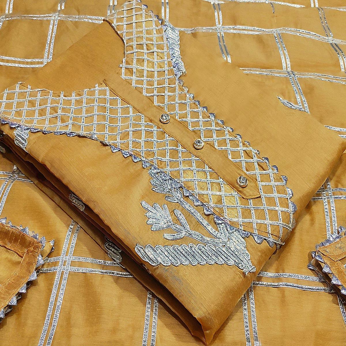 Gleaming Mustard Yellow Colored Casual Wear Embroidered Silk Dress Material - Peachmode