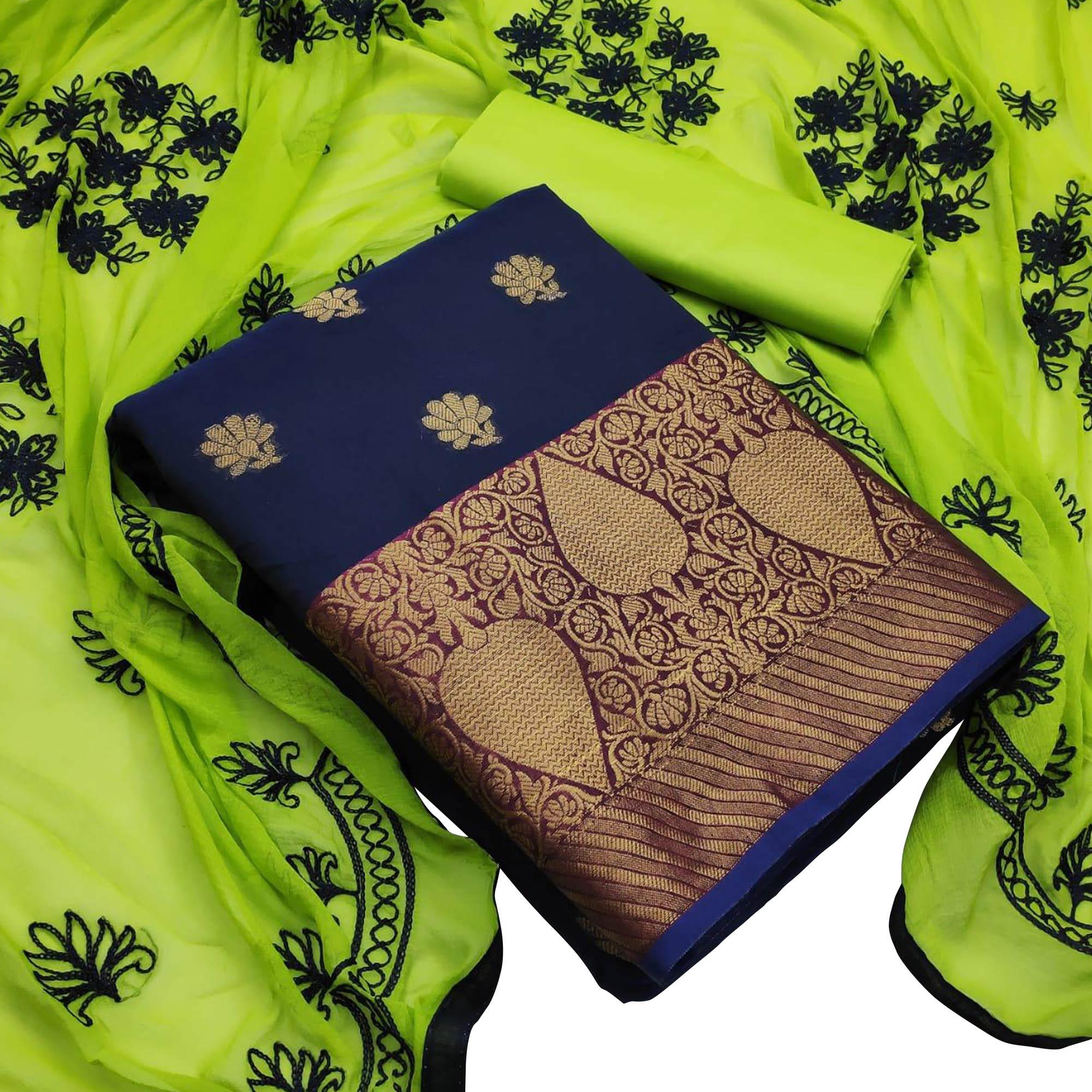 Gleaming Navy Blue Colored Casual Wear Woven Banarasi Silk Dress Material - Peachmode