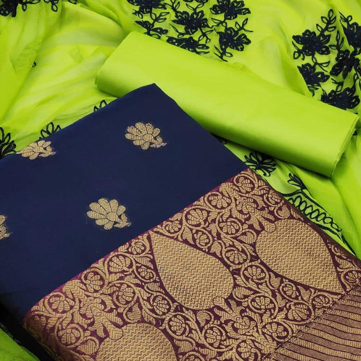 Gleaming Navy Blue Colored Casual Wear Woven Banarasi Silk Dress Material - Peachmode