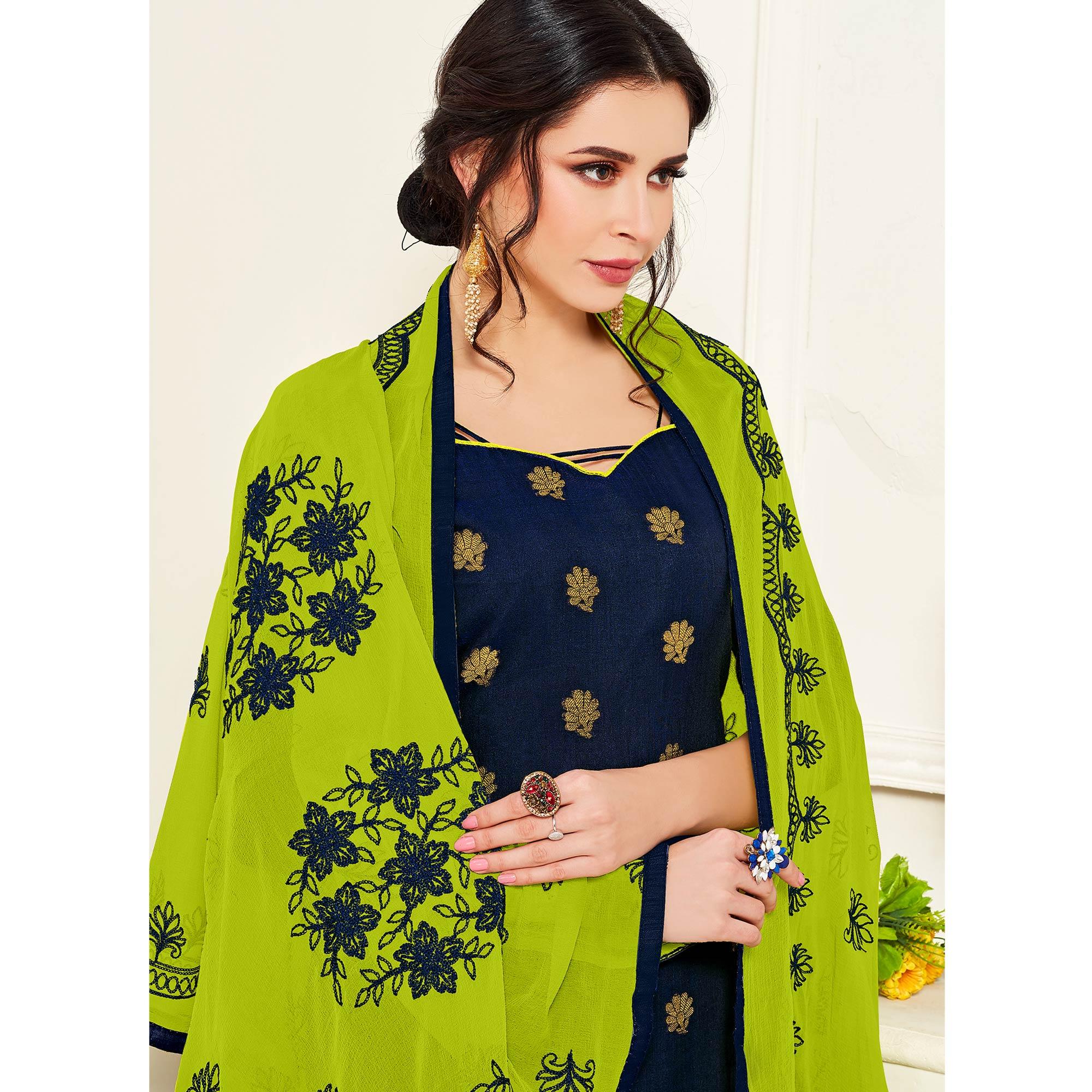Gleaming Navy Blue Colored Casual Wear Woven Banarasi Silk Dress Material - Peachmode