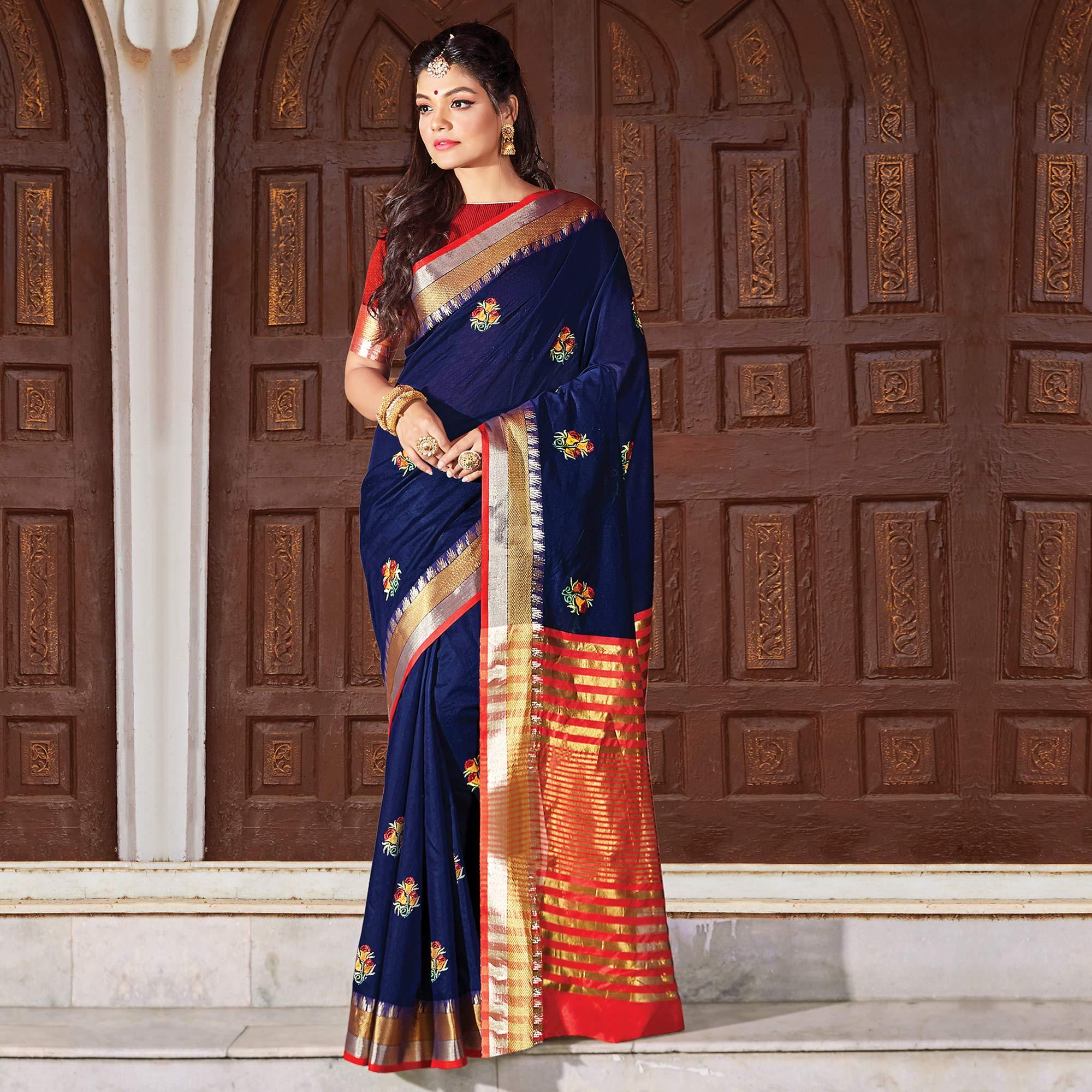 Gleaming Navy Blue Colored Festive Wear Woven Cotton Silk Saree - Peachmode