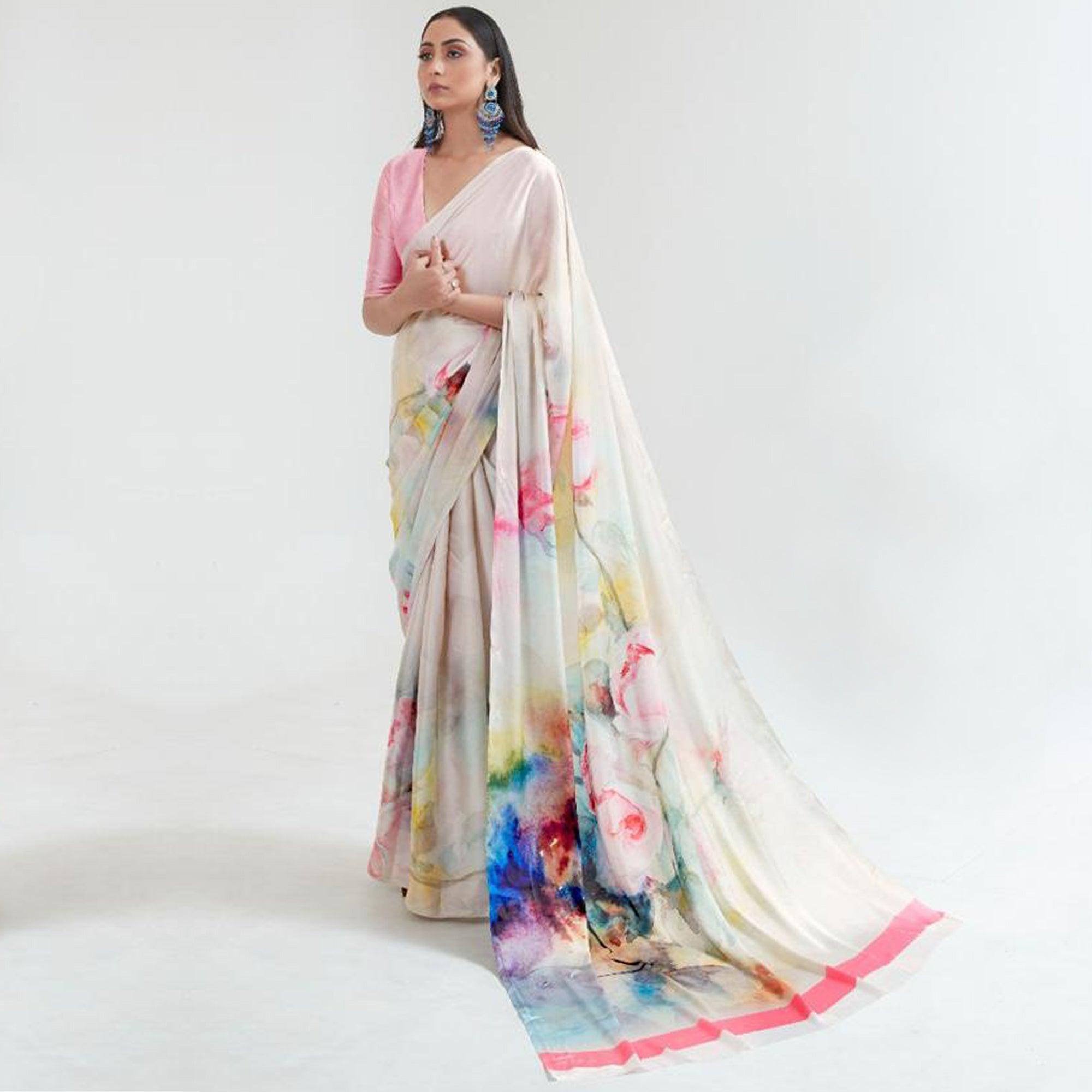 Gleaming Off White Coloured Casual Wear Digital Printed Satin Saree - Peachmode