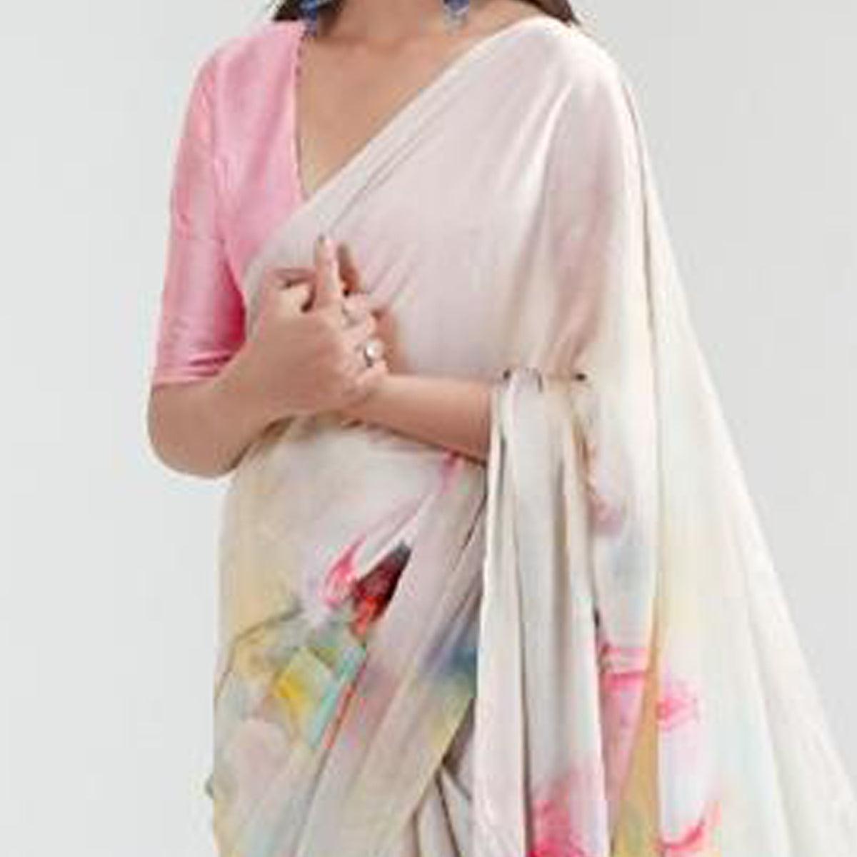 Gleaming Off White Coloured Casual Wear Digital Printed Satin Saree - Peachmode