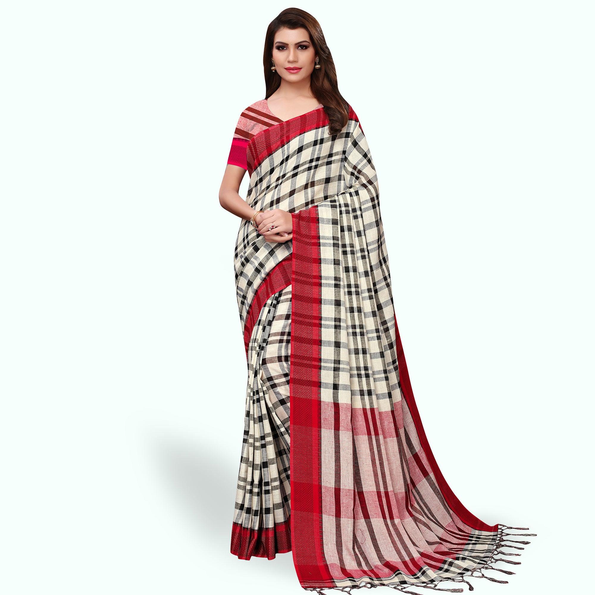 Gleaming Off White - Red Colored Festive Wear Linen Saree - Peachmode