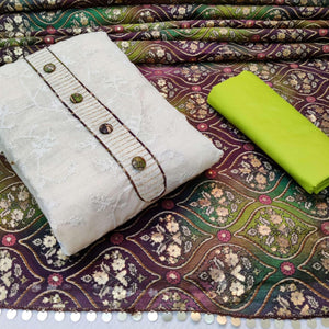 Gleaming Offwhite - Green Colored Casual Wear Embroidered Cotton Dress Material - Peachmode
