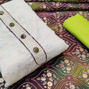Gleaming Offwhite - Green Colored Casual Wear Embroidered Cotton Dress Material - Peachmode