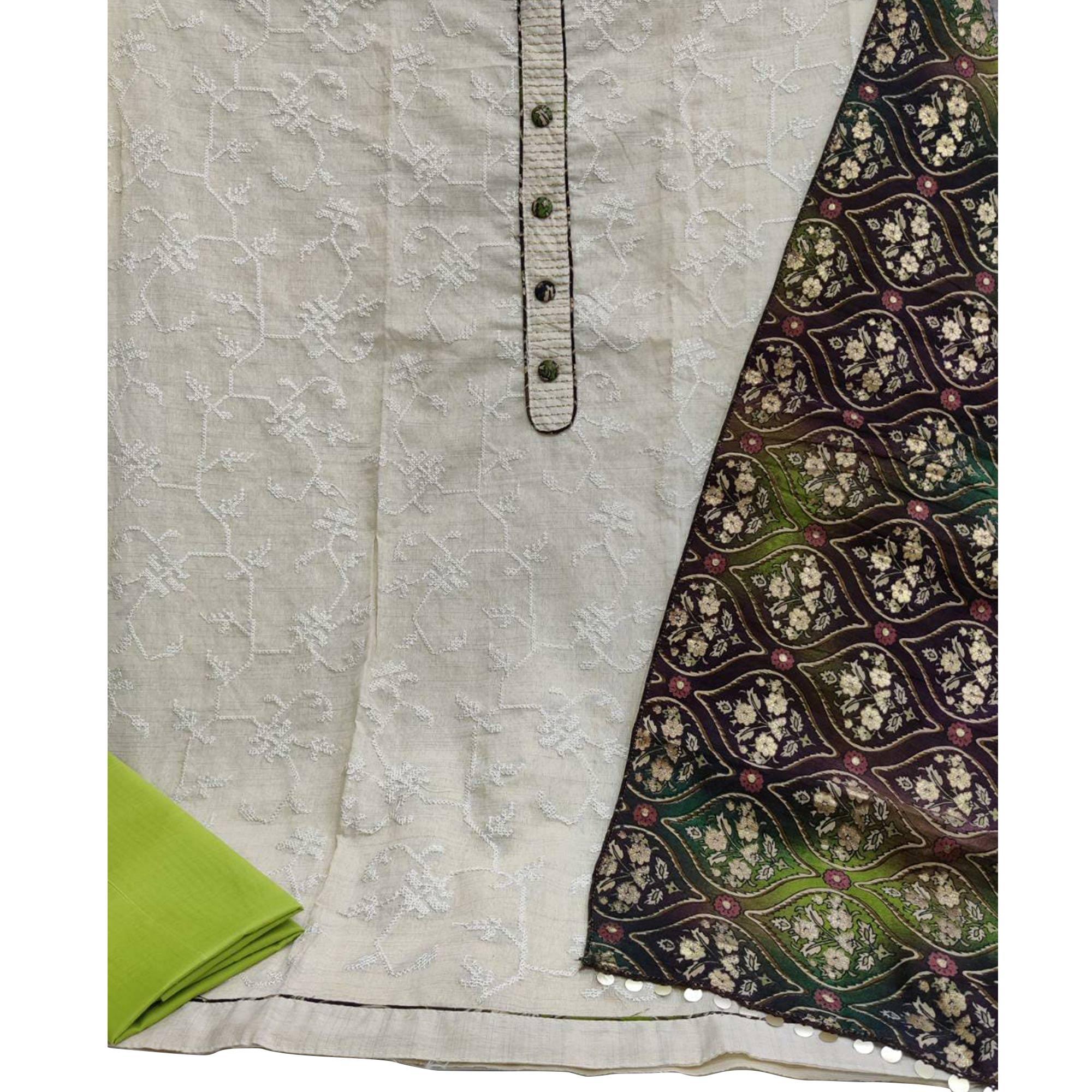 Gleaming Offwhite - Green Colored Casual Wear Embroidered Cotton Dress Material - Peachmode