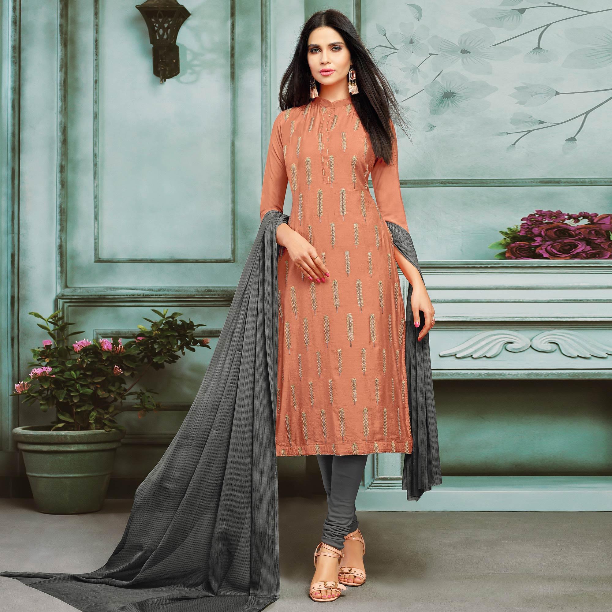 Gleaming Orange Colored Casual Wear Printed Chanderi Dress Material - Peachmode