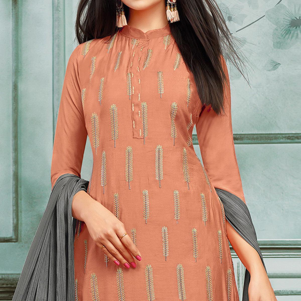 Gleaming Orange Colored Casual Wear Printed Chanderi Dress Material - Peachmode