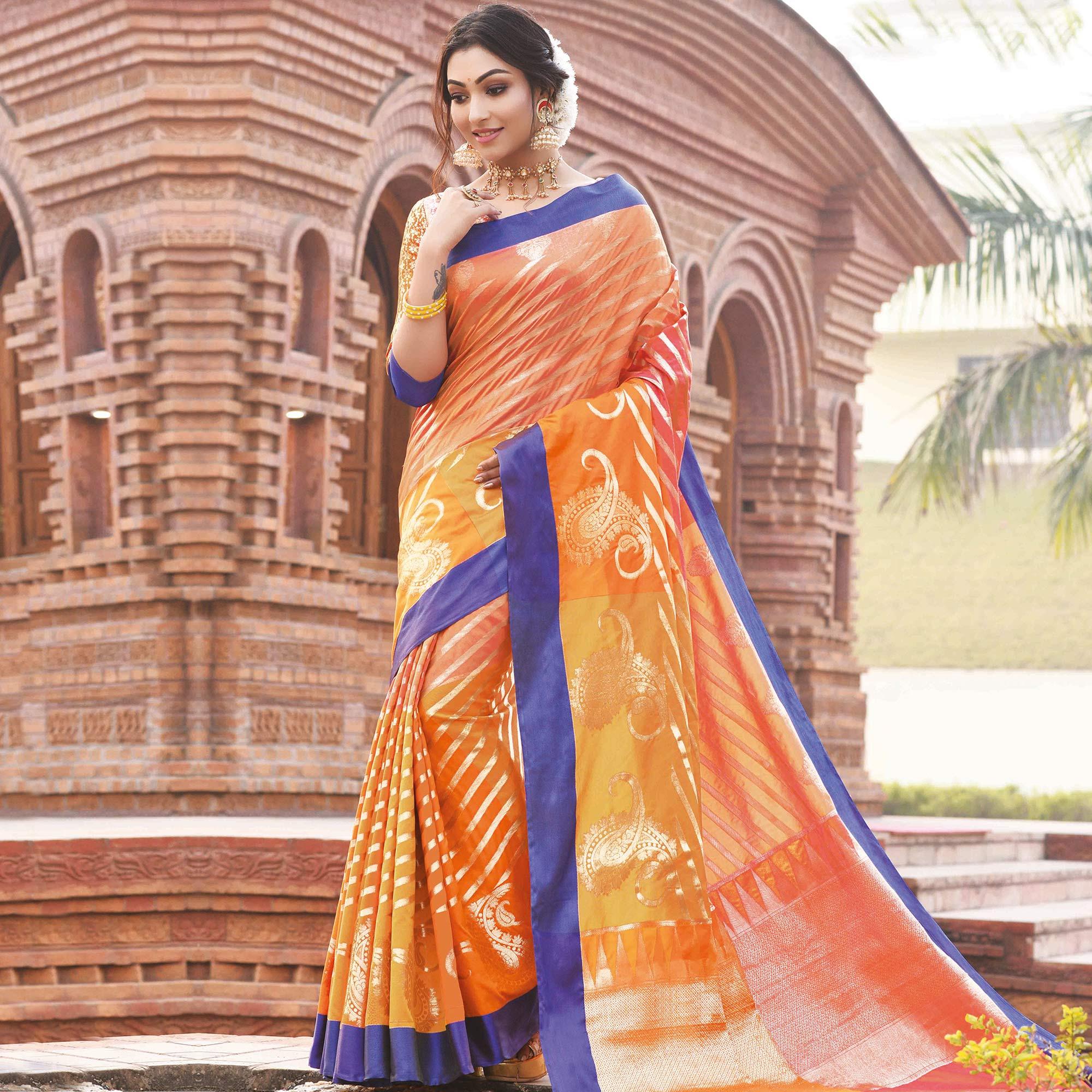 Gleaming Orange Colored Festive Wear Woven Handloom Silk Saree - Peachmode