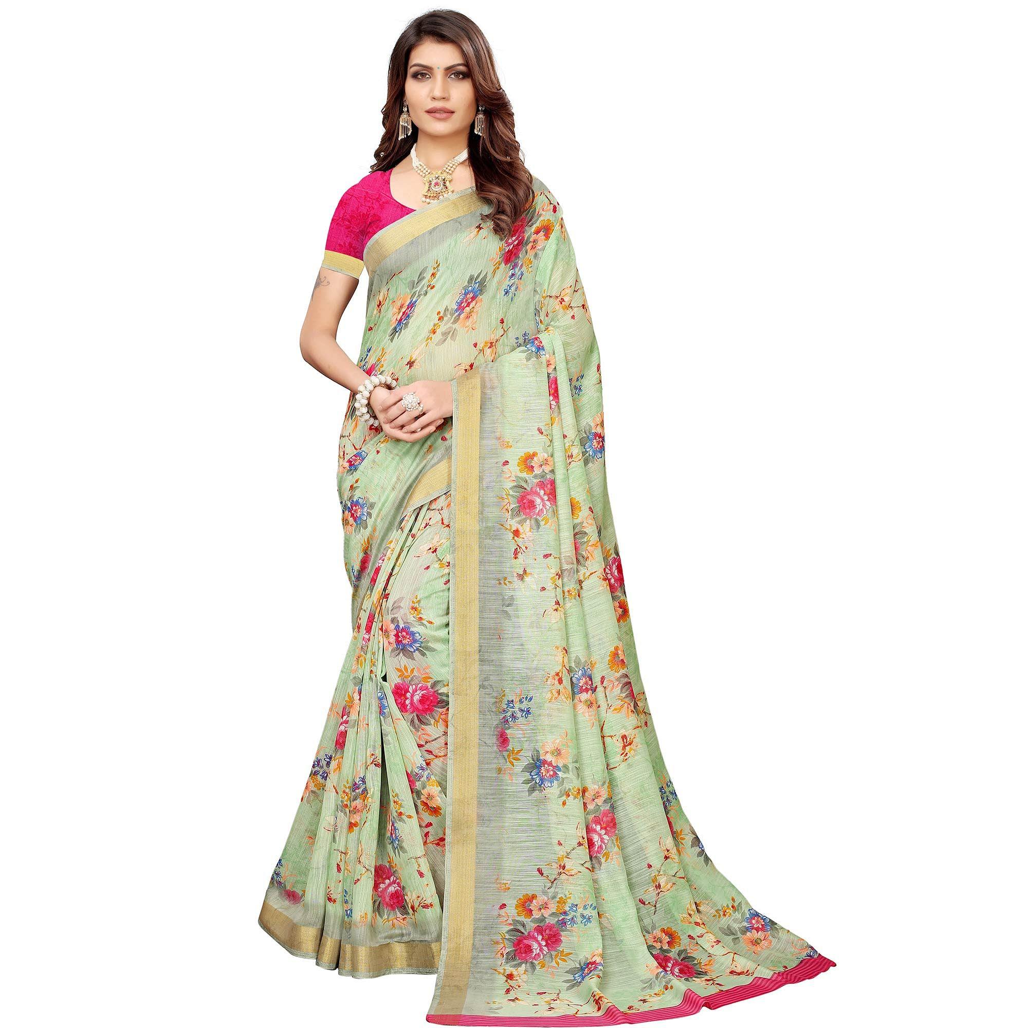 Gleaming Pastel Green Colored Casual Printed Linen Saree - Peachmode