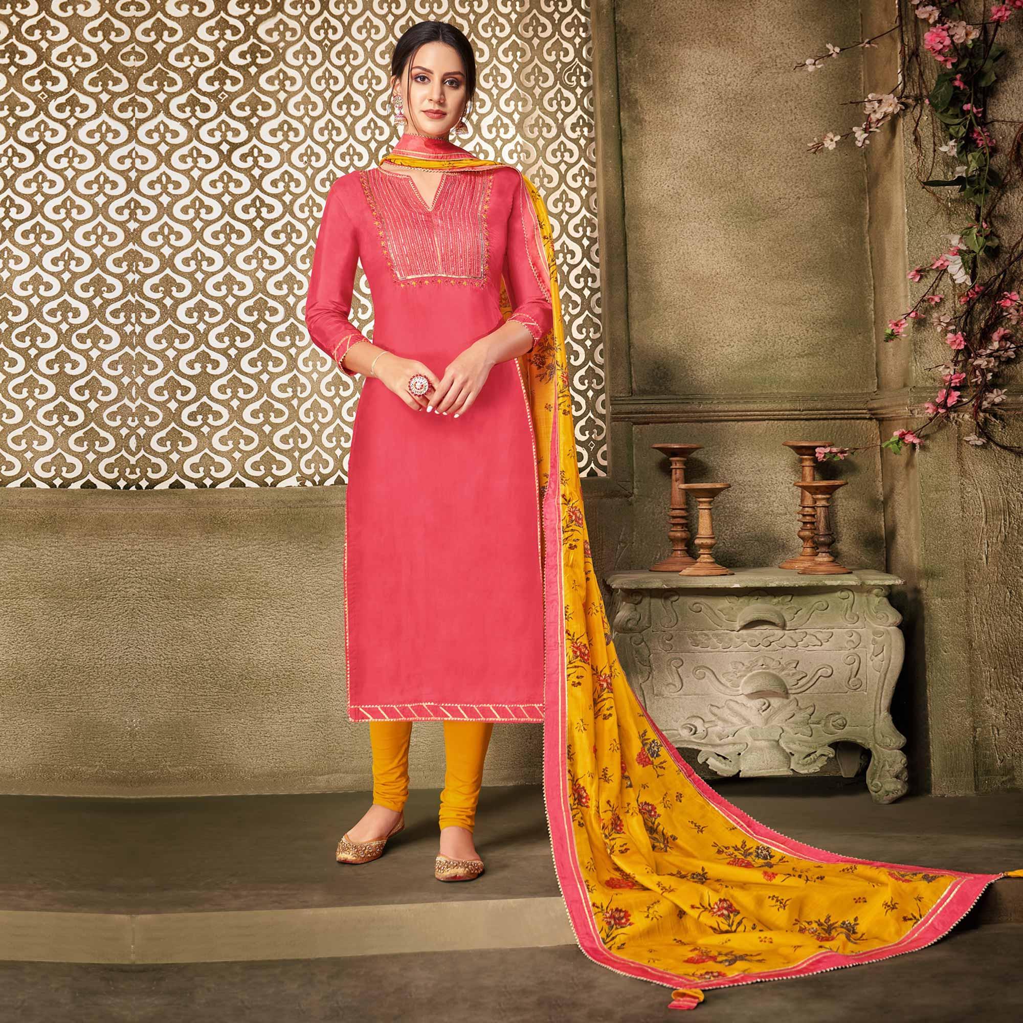 Gleaming Peach Colored Casual Wear Embroidered Chanderi Dress Material - Peachmode