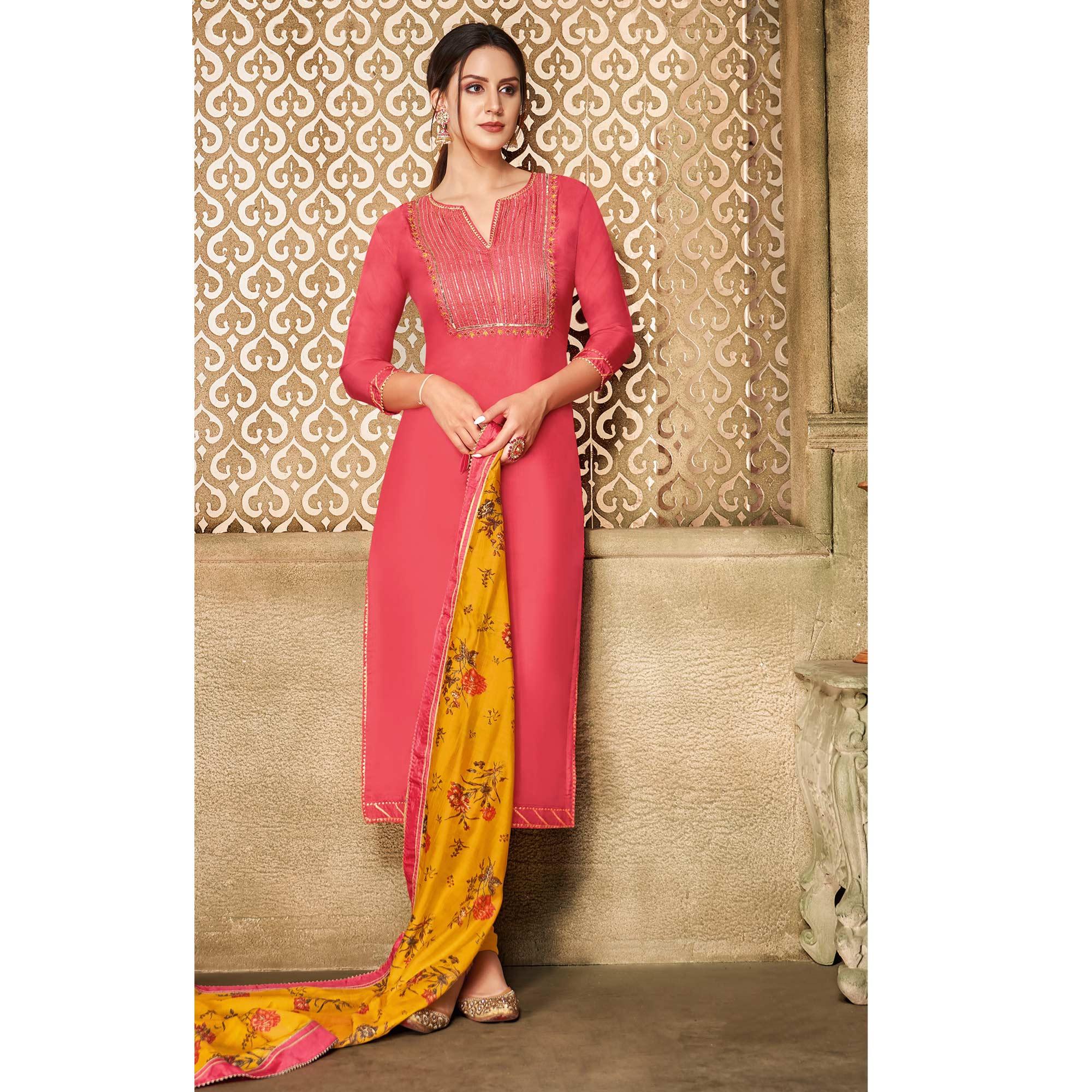 Gleaming Peach Colored Casual Wear Embroidered Chanderi Dress Material - Peachmode
