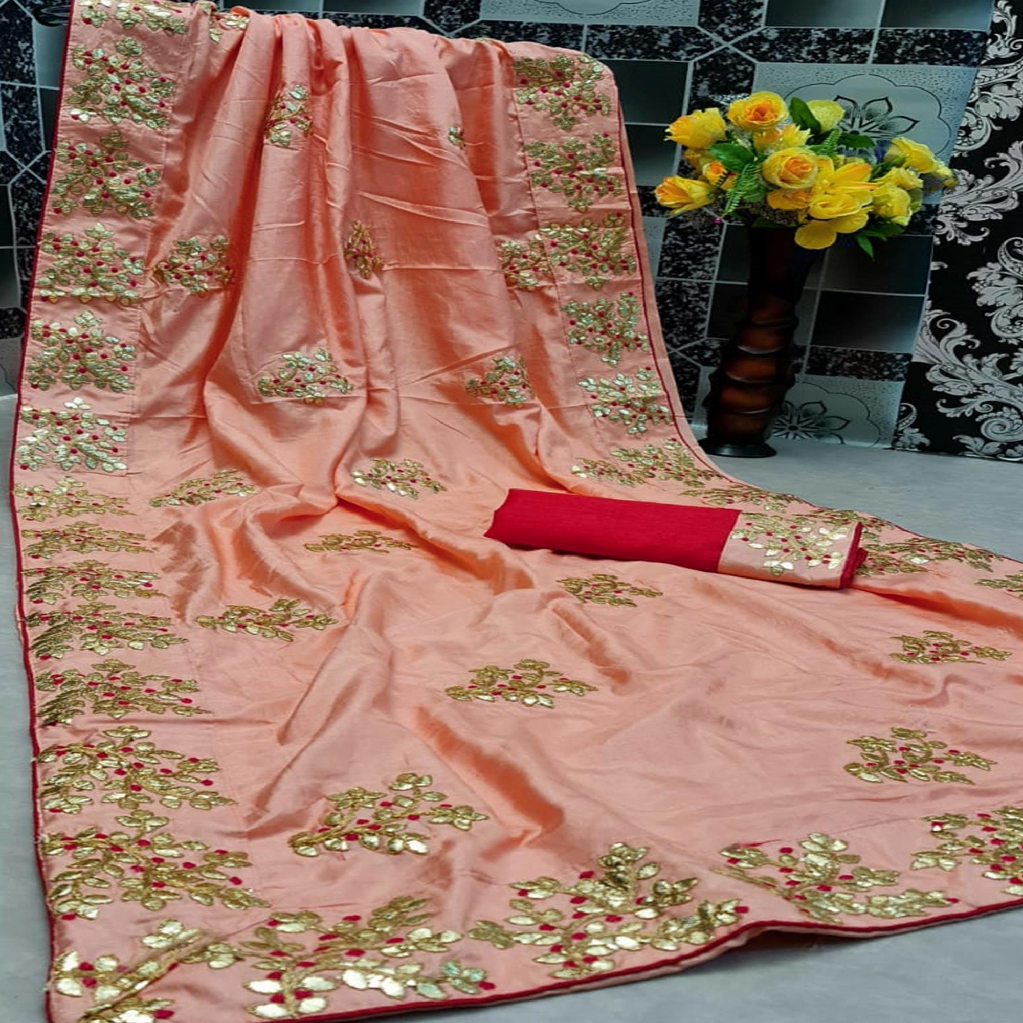Gleaming Peach Colored Festive Wear Butta Work Dola Silk Saree - Peachmode