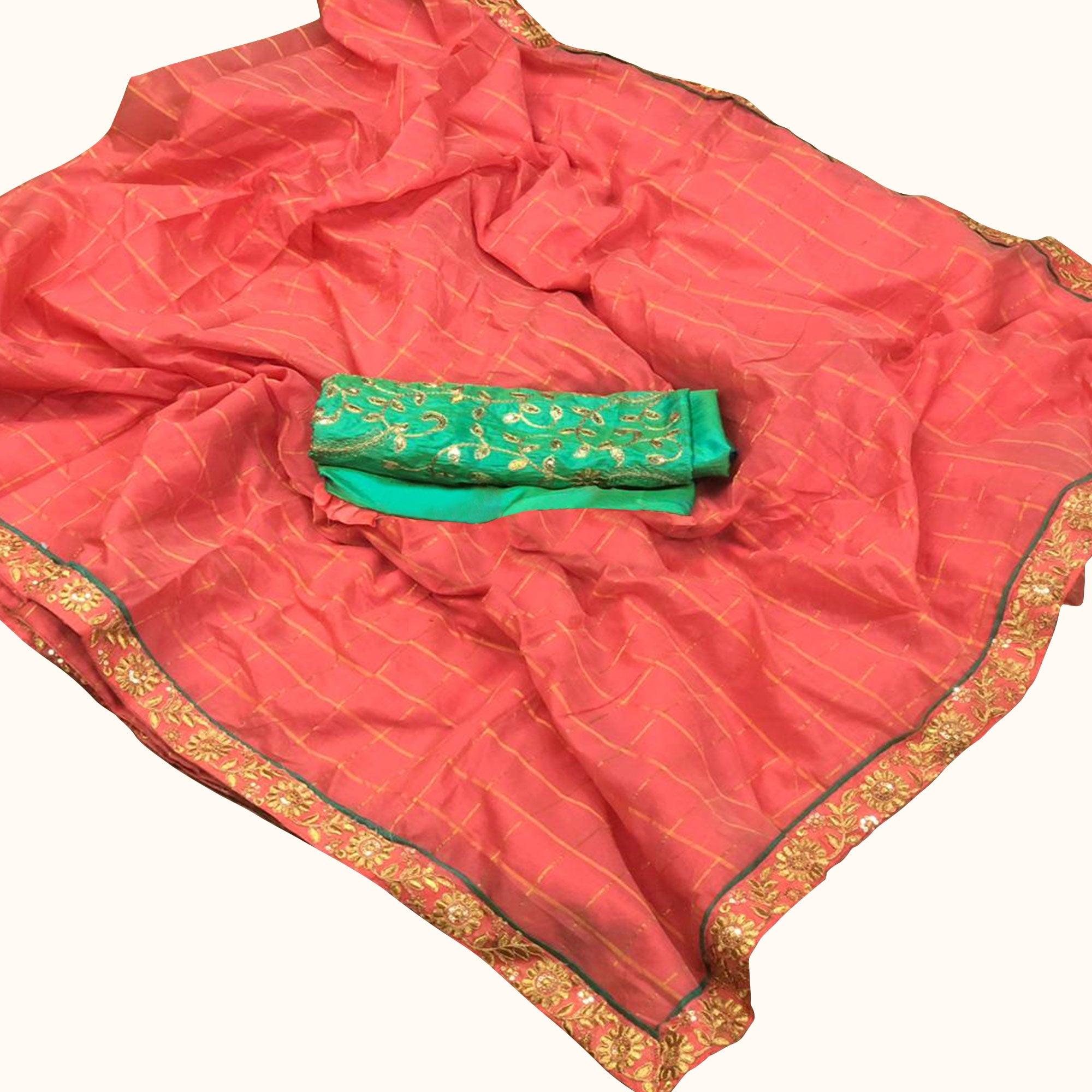Gleaming Peach Colored Festive Wear Embroidered Cotton Saree - Peachmode