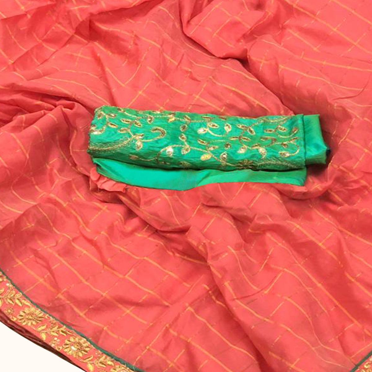 Gleaming Peach Colored Festive Wear Embroidered Cotton Saree - Peachmode