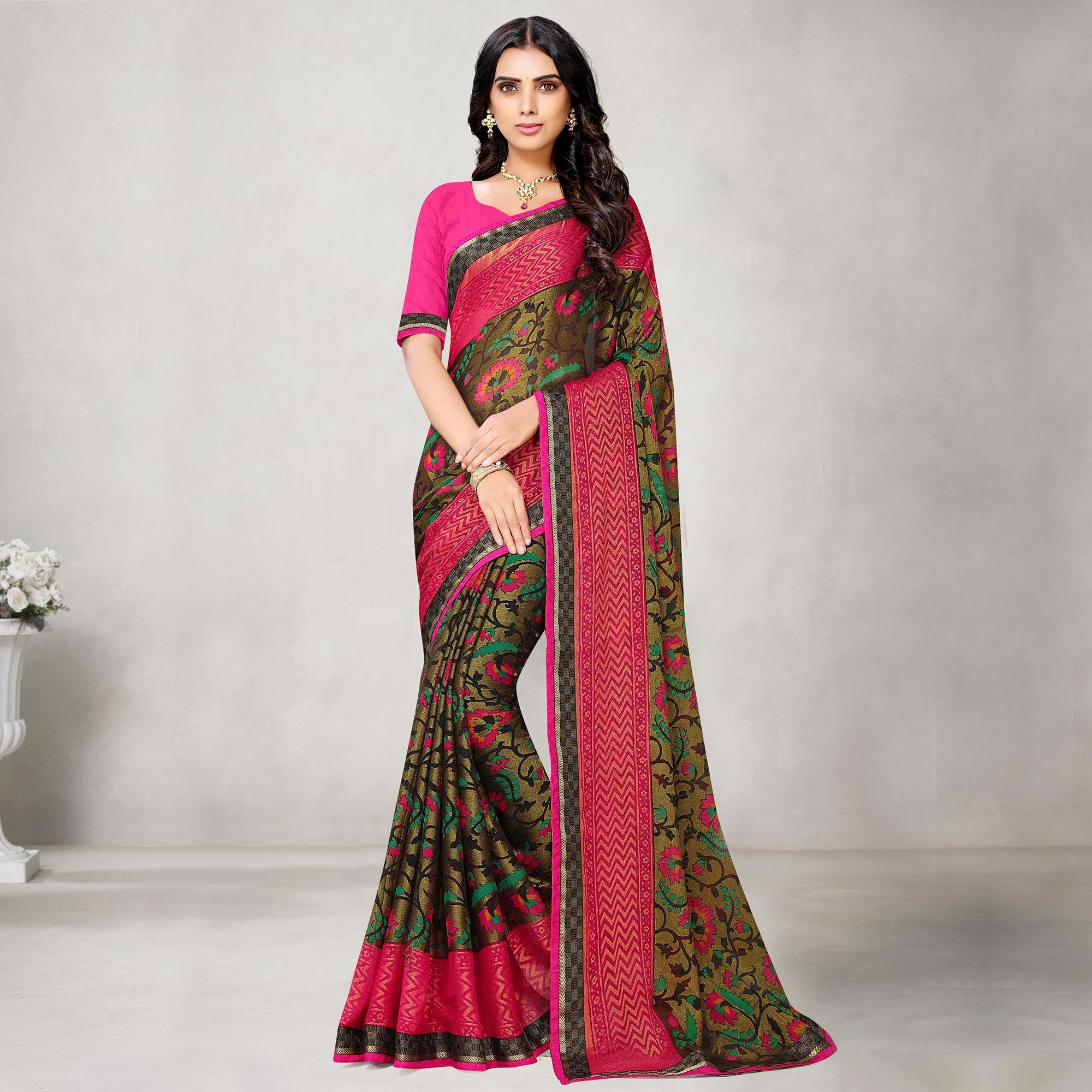 Gleaming Peach Coloured Partywear Printed Chiffon Brasso Saree - Peachmode