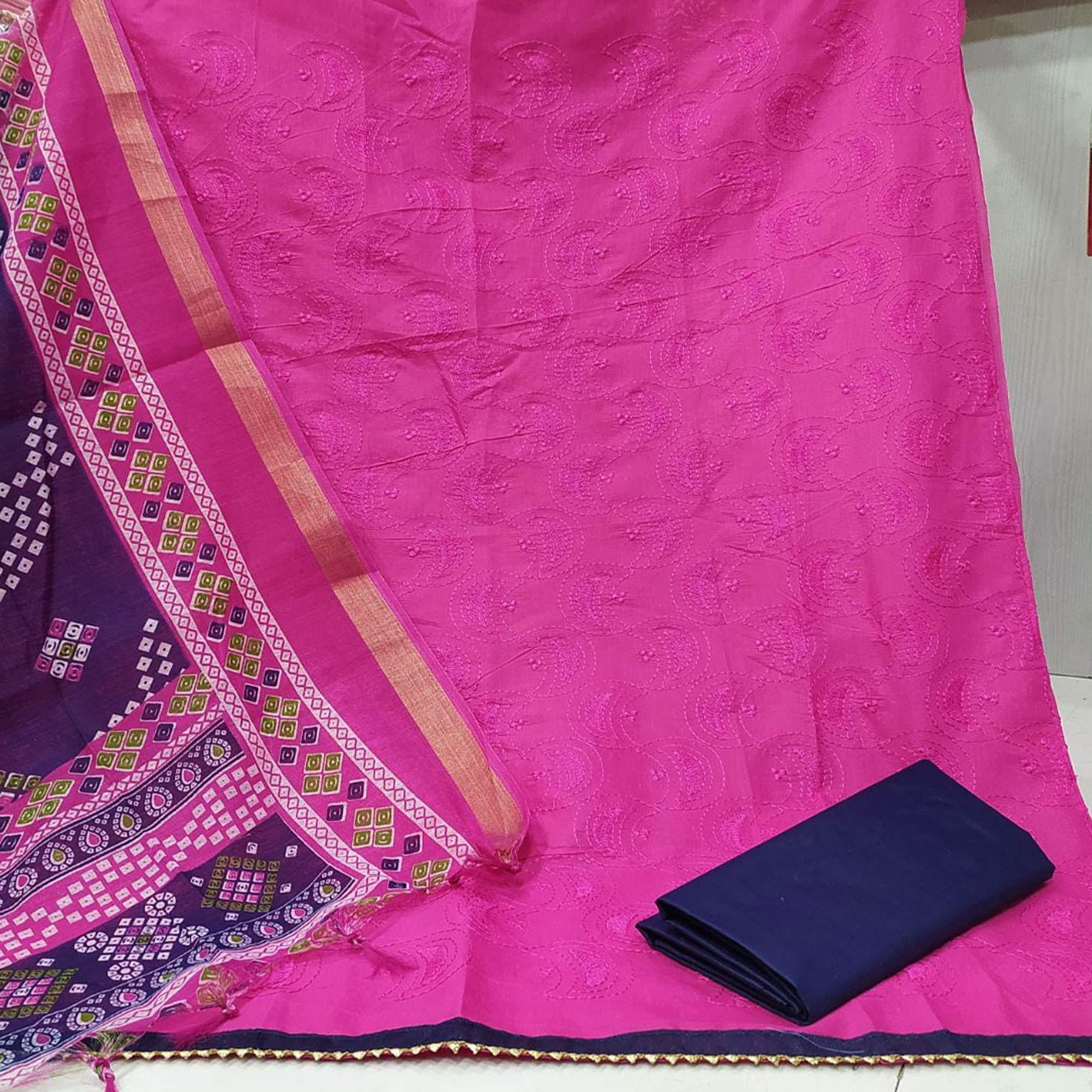 Gleaming Pink Colored Casual Wear Embroidered Cotton Dress Material - Peachmode