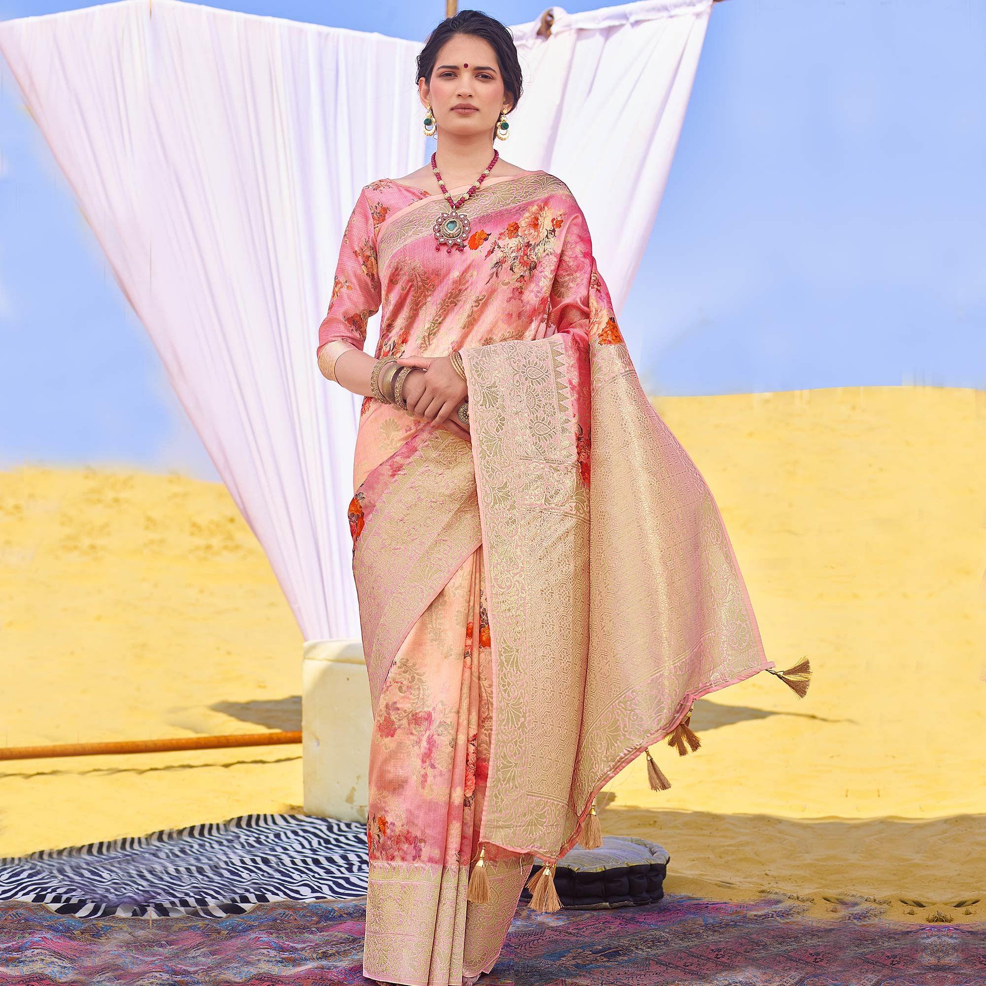 Gleaming Pink Colored Festive Wear Woven Silk Saree - Peachmode