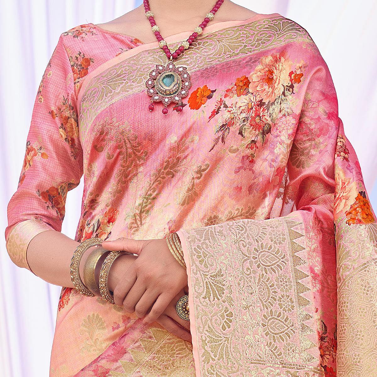Gleaming Pink Colored Festive Wear Woven Silk Saree - Peachmode