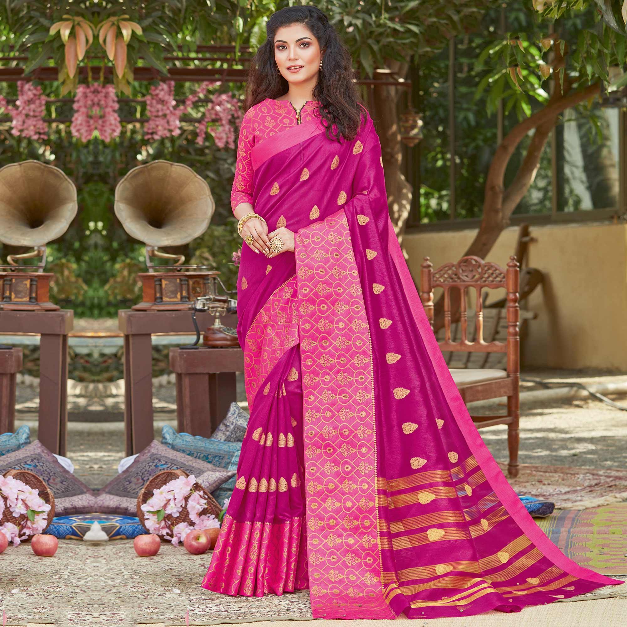 Gleaming Pink Coloured Casual Wear Embroidered Crystal Silk Saree - Peachmode