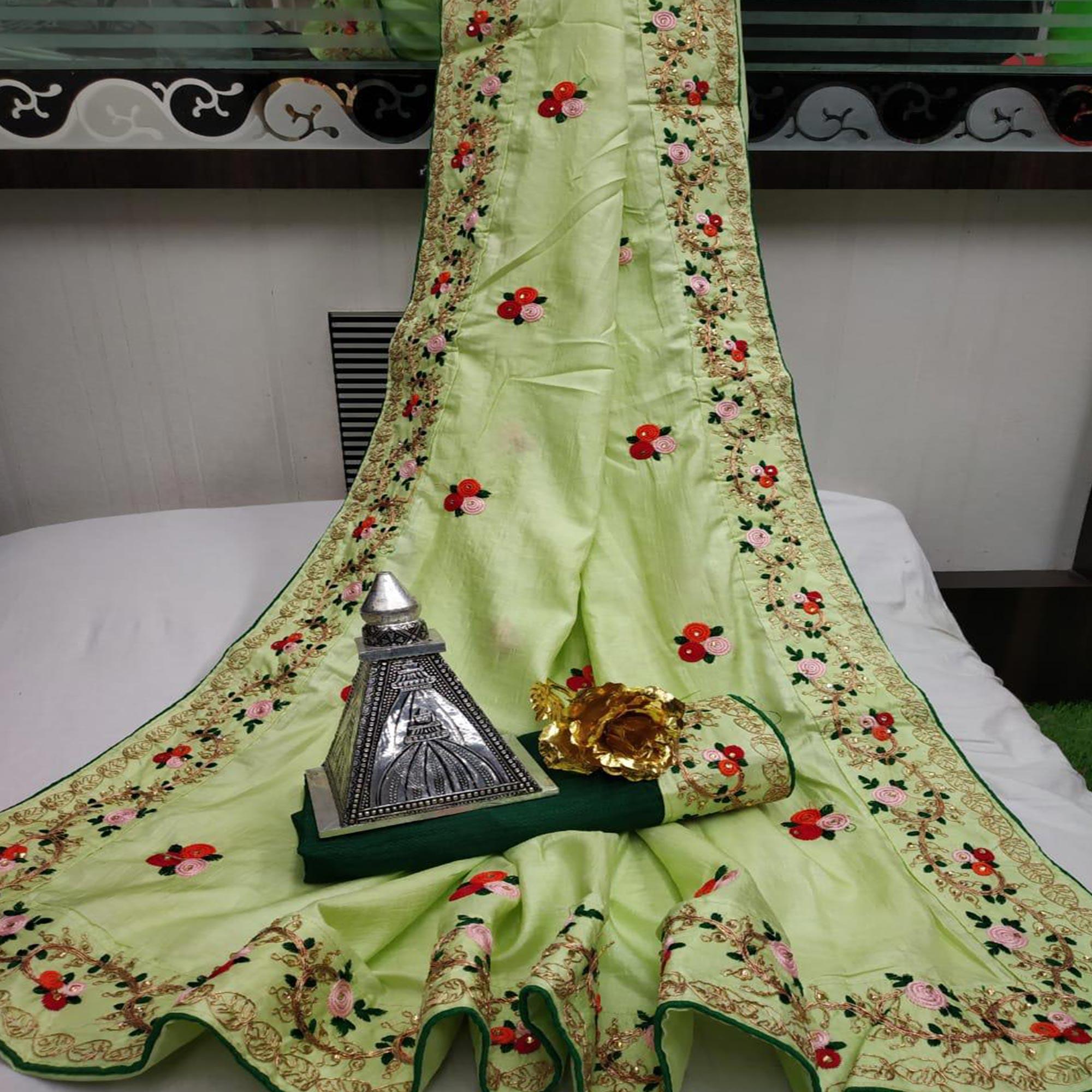Gleaming Pista Green Colored Festive Wear Woven Dora Silk Saree - Peachmode