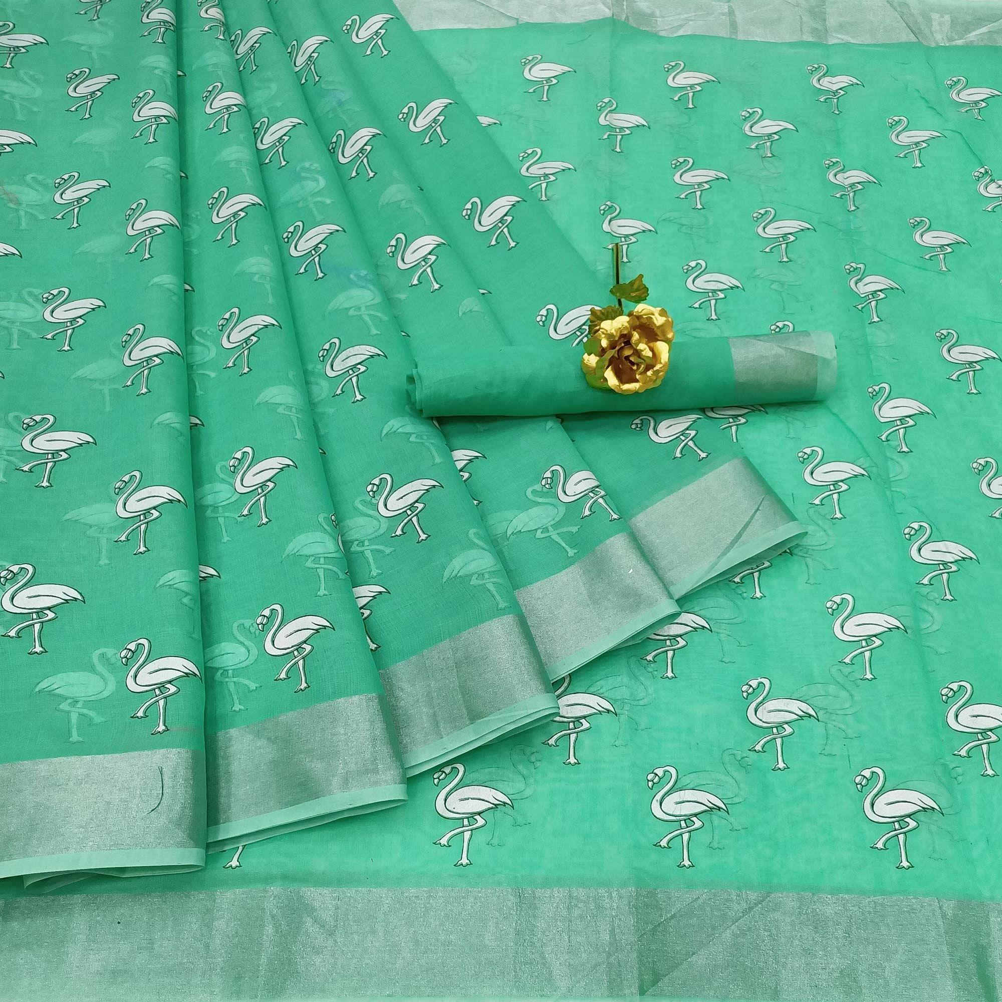 Gleaming Rama Colored Casual Wear Printed Cotton Linen Saree - Peachmode