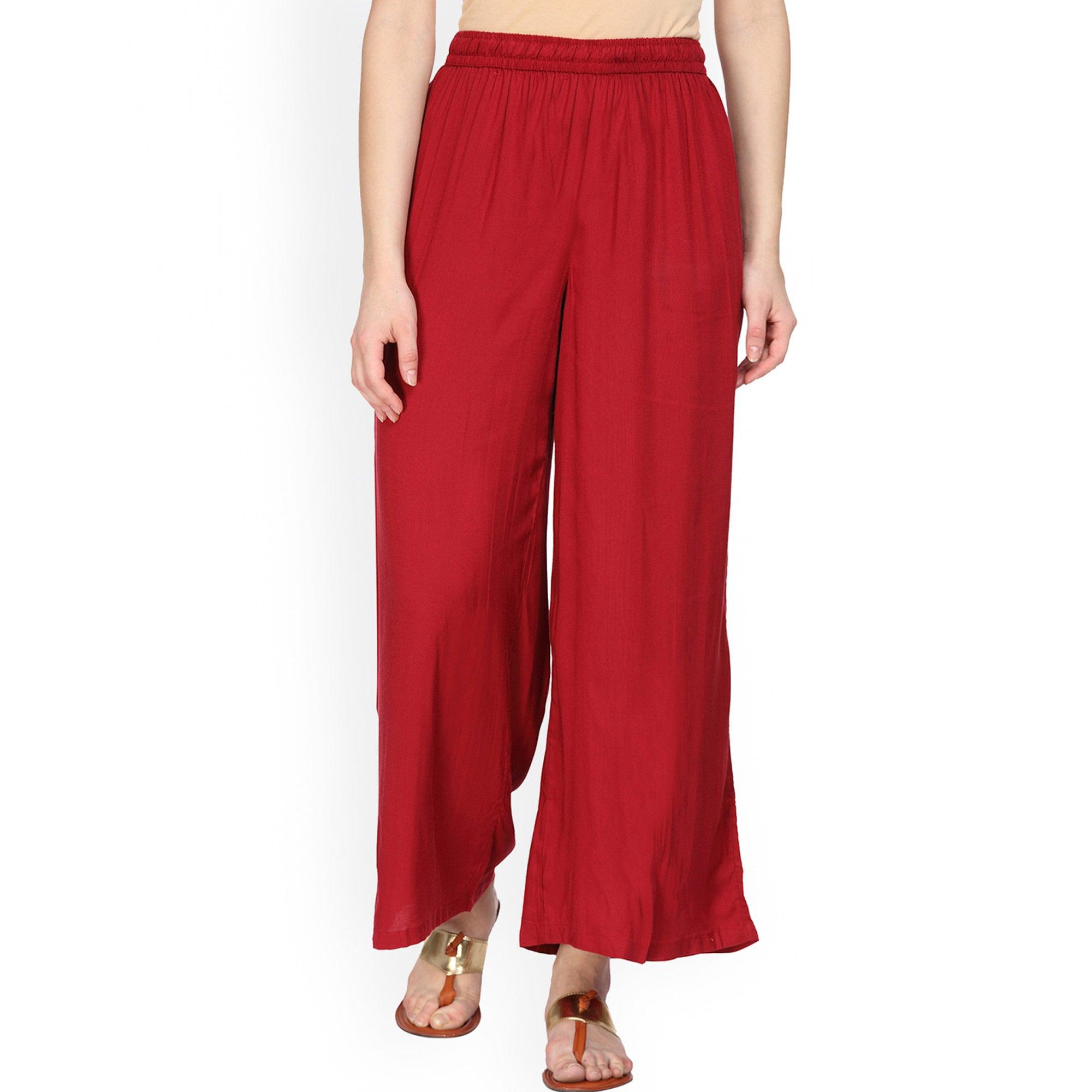 Gleaming Red Colored Casual Wear Rayon Palazzo - Peachmode