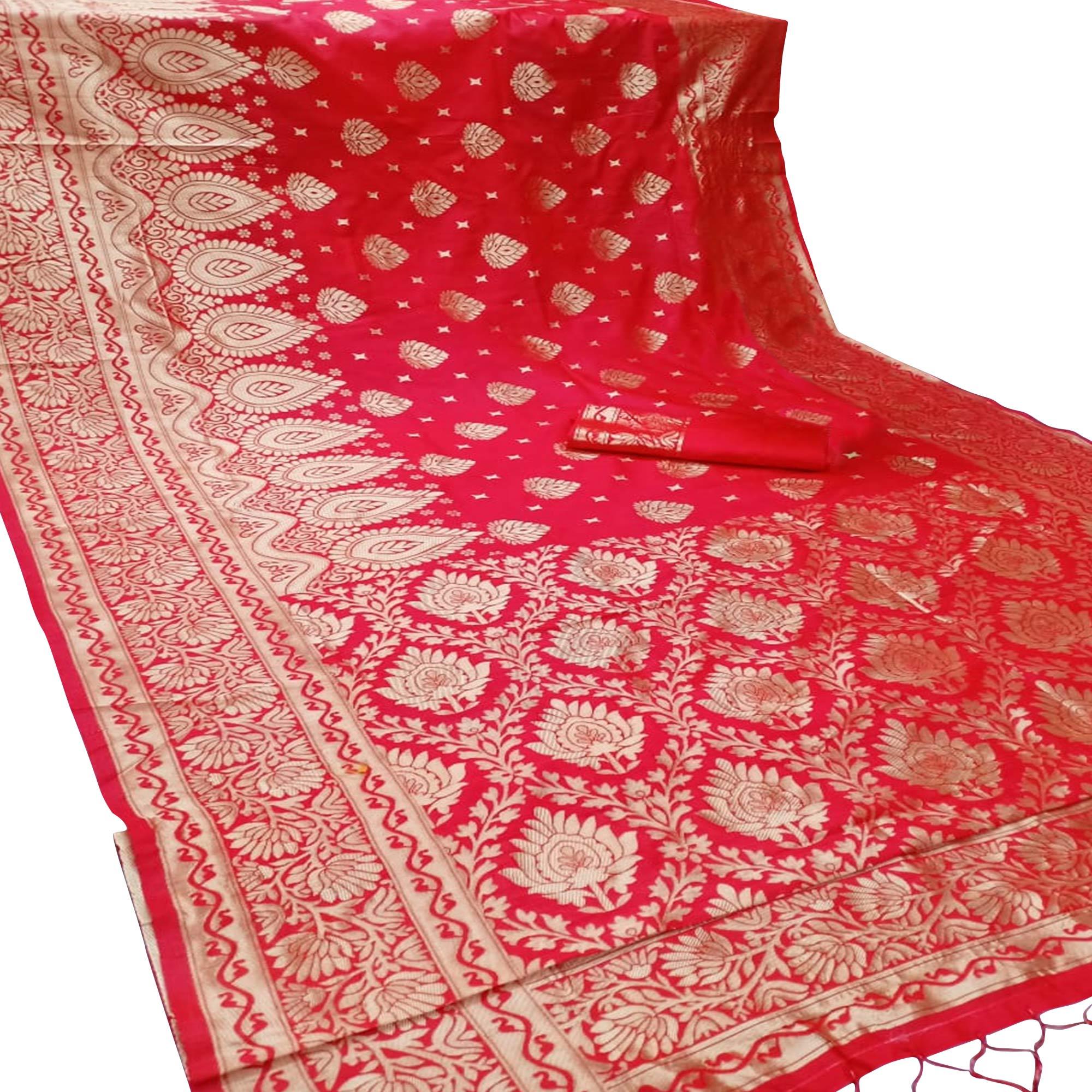 Gleaming Red Colored Festive Wear Woven Banarasi Silk Saree - Peachmode